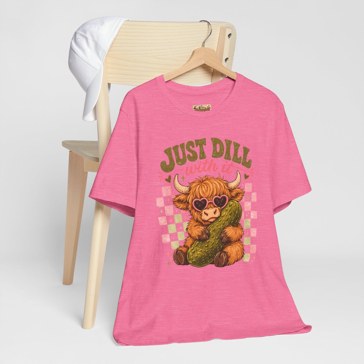 Just Dill With It Tee — Cute Highland Cow Hugging Pickle Graphic T‑Shirt
