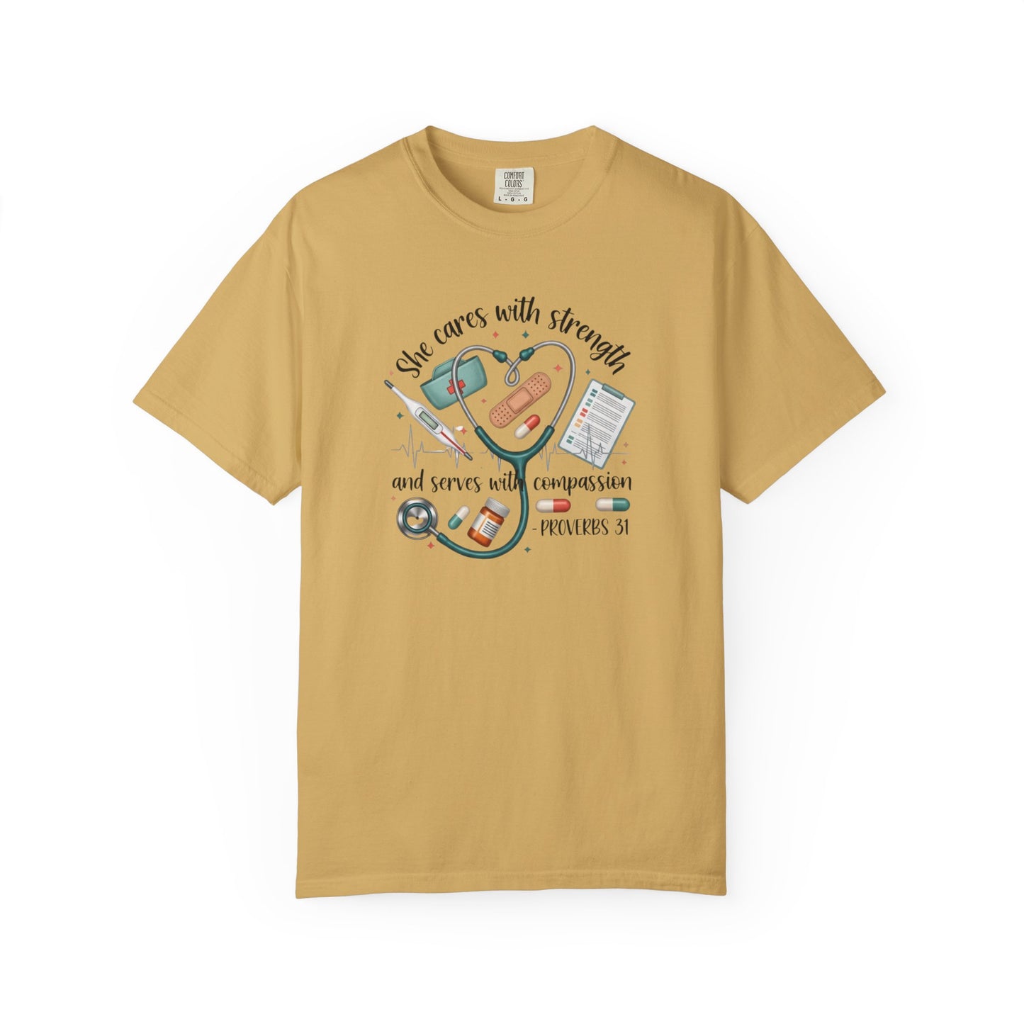 Nurse Heartbeat Graphic T-Shirt — "She Cares with Strength" Psalm 31 Christian Tee