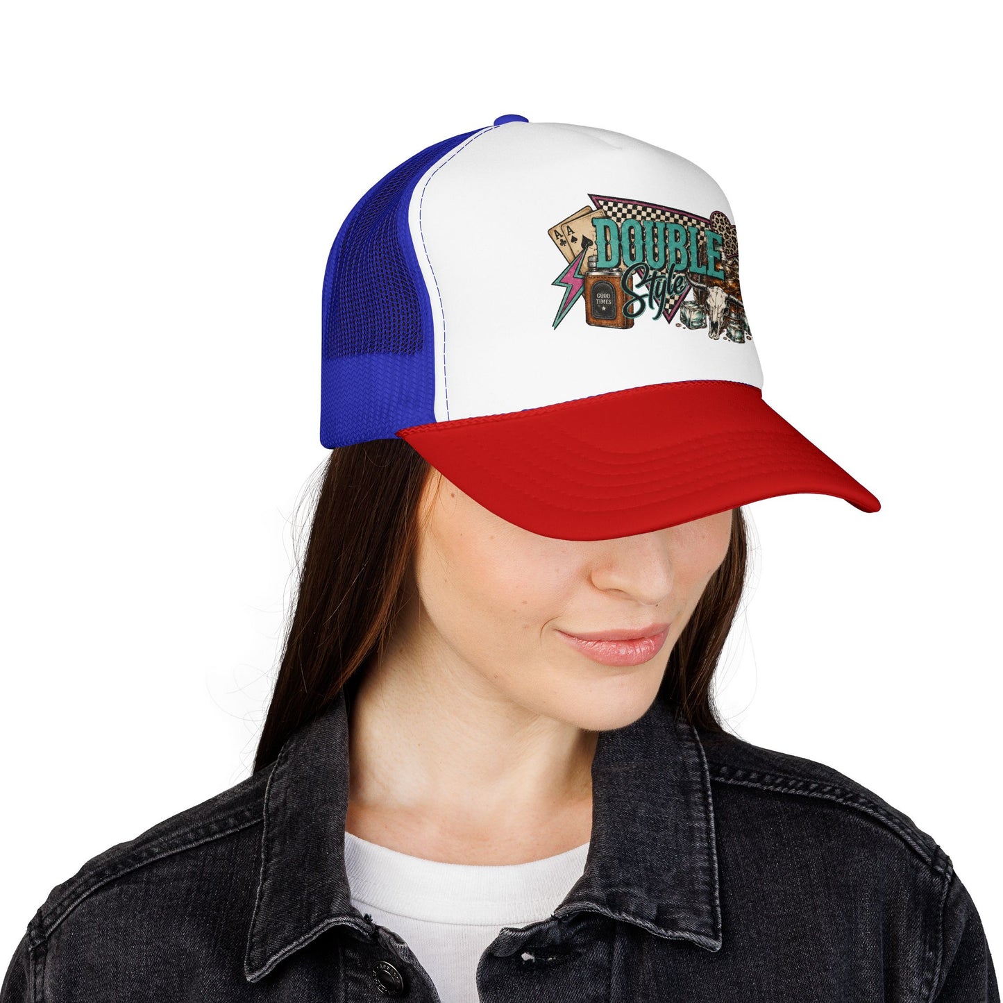 Double Shot Retro Foam Trucker Hat — Vintage Neon Coffee & Camera Patch
