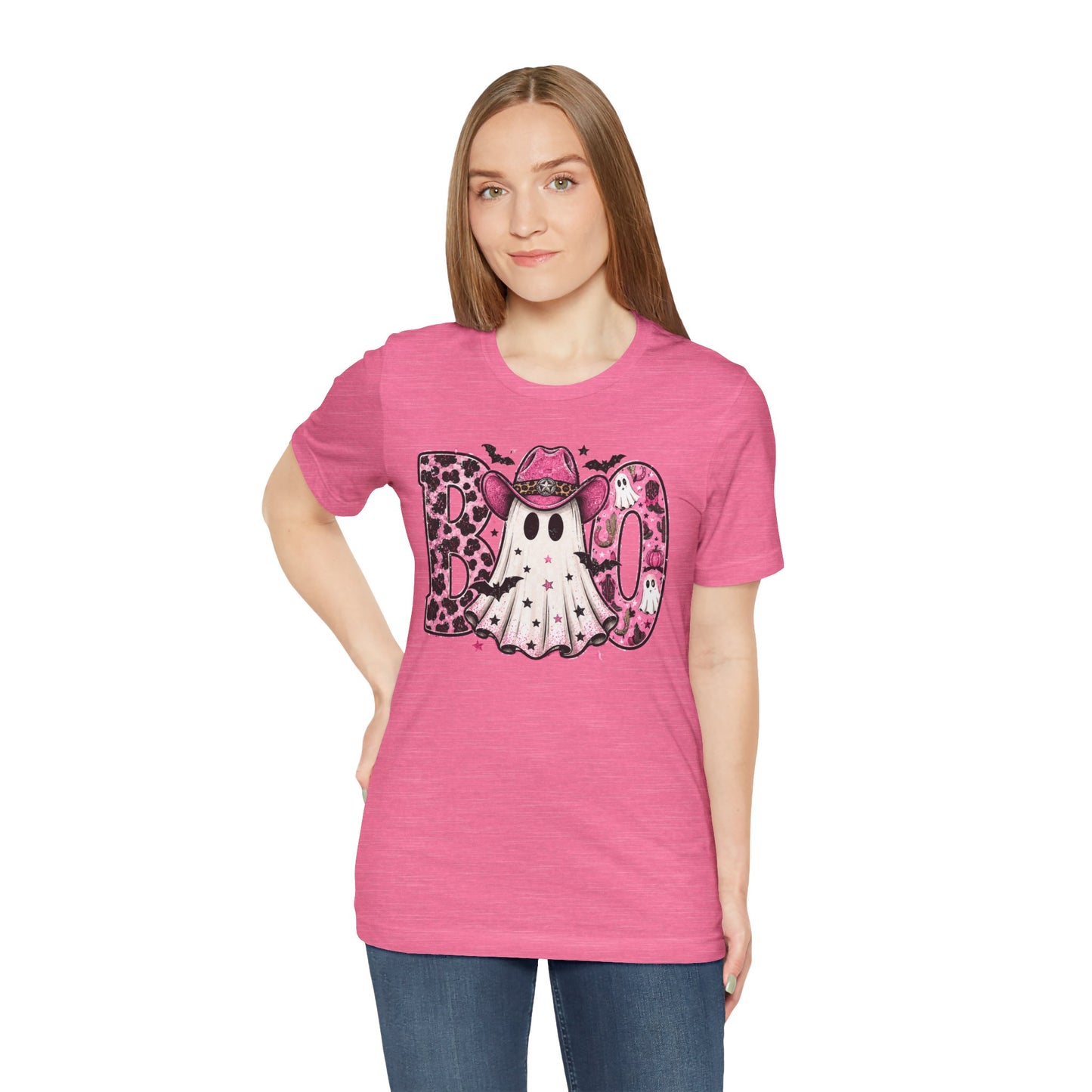 Boo Pink Leopard Ghost Tee — Cute Cowgirl Halloween T-Shirt