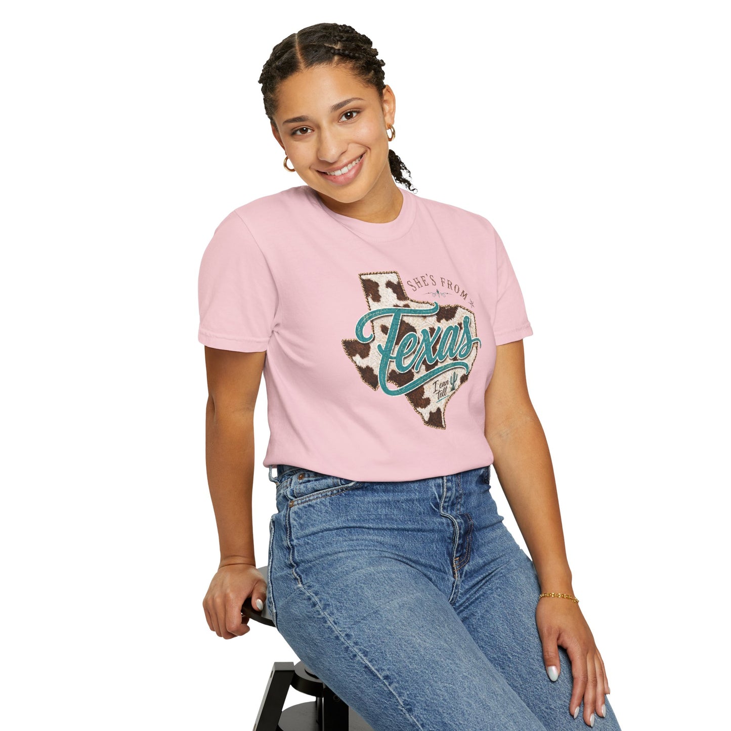Texas Cowhide Graphic T-Shirt — "She's From Texas" Retro Western Tee