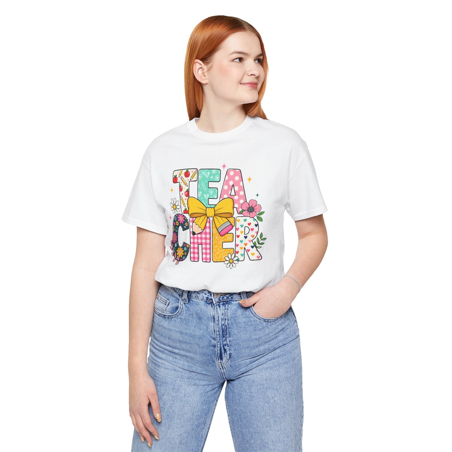 Teacher Floral Bow T-Shirt — Cute 'Teach er' Colorful School Shirt for Teachers