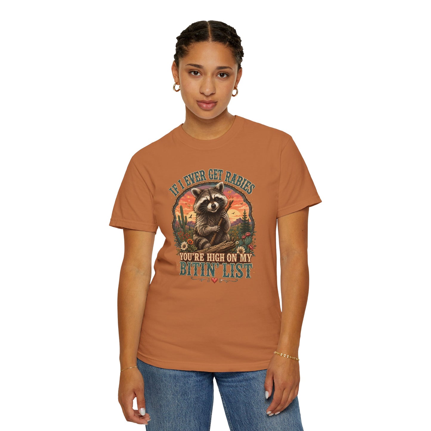 Raccoon Sunset T‑Shirt — “If I Ever Get Riches You’re High On My Bitin’ List” Funny Retro Graphic Tee