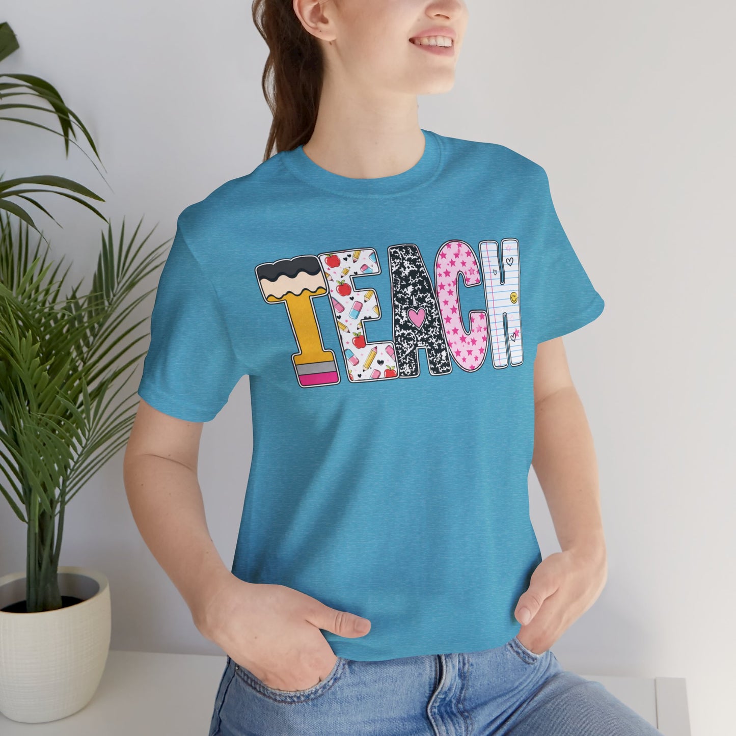 Teach Colorblock Graphic Tee – Cute Patterned Teacher T-Shirt