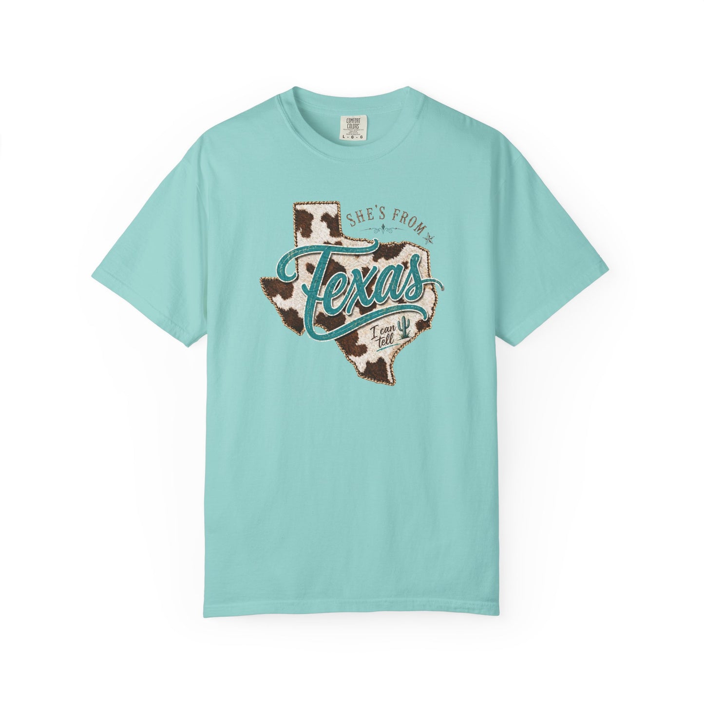 Texas Cowhide Graphic T-Shirt — "She's From Texas" Retro Western Tee