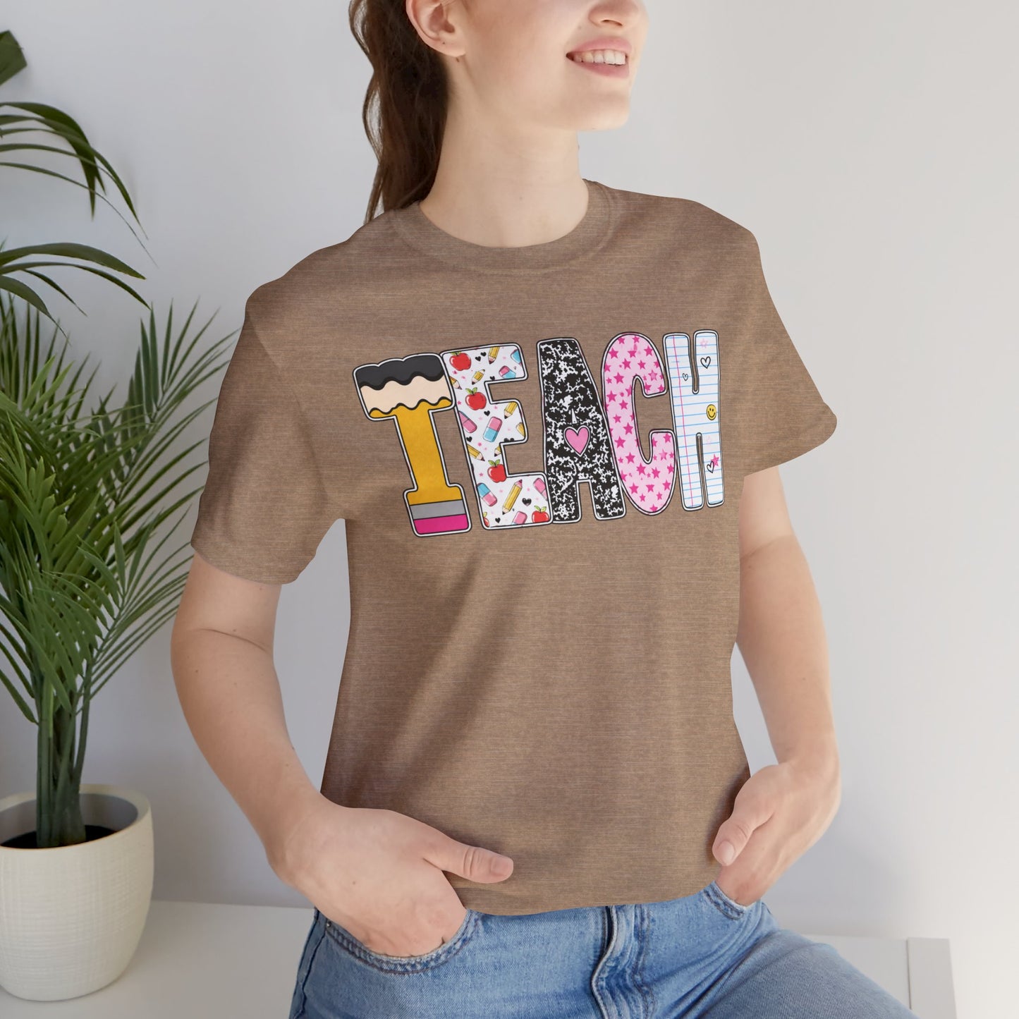 Teach Colorblock Graphic Tee – Cute Patterned Teacher T-Shirt