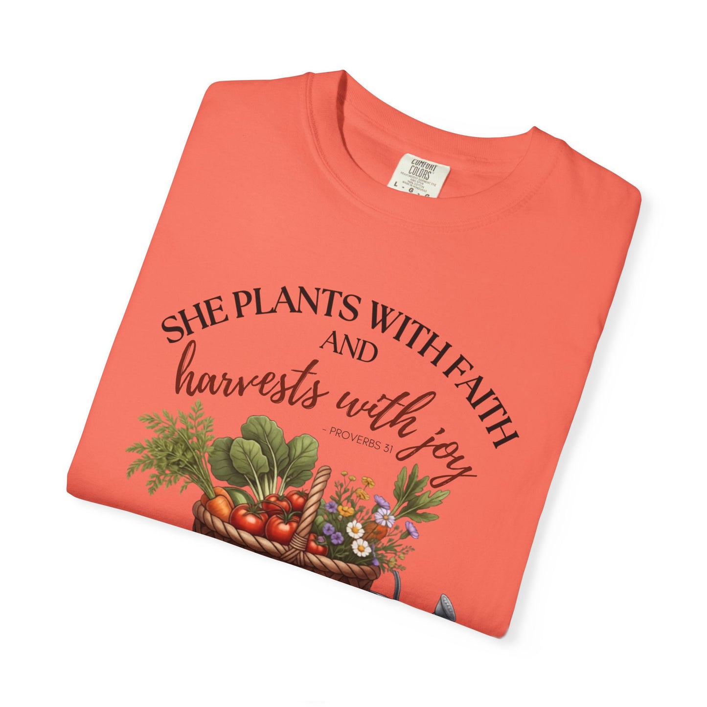 She Plants With Faith Garden T‑Shirt — Harvests With Joy Floral Basket Tee