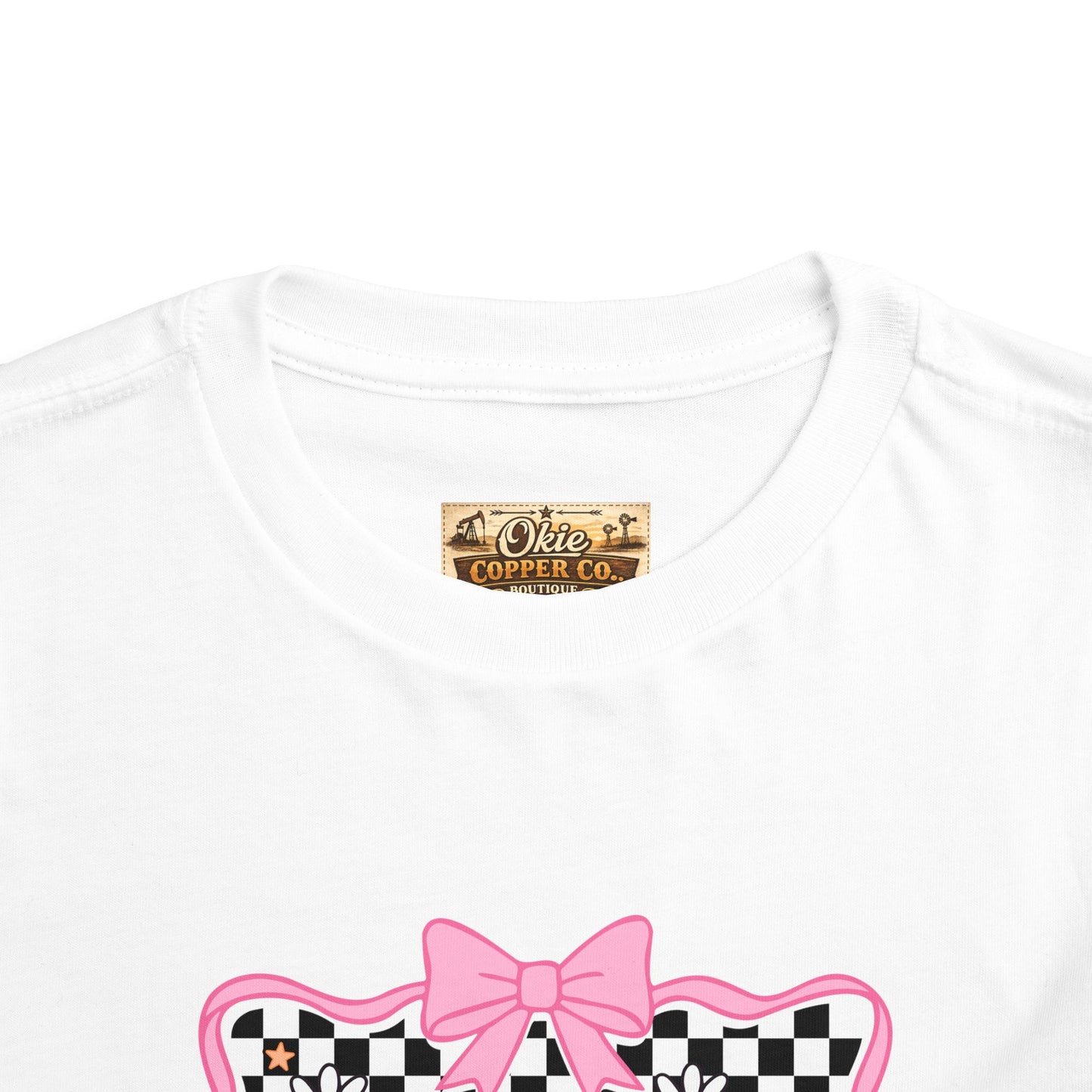 Toddler Tee — Colorful 'Pink' Checkerboard Graphic with Bow