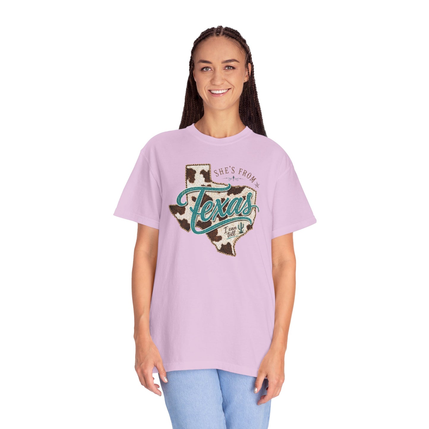Texas Cowhide Graphic T-Shirt — "She's From Texas" Retro Western Tee