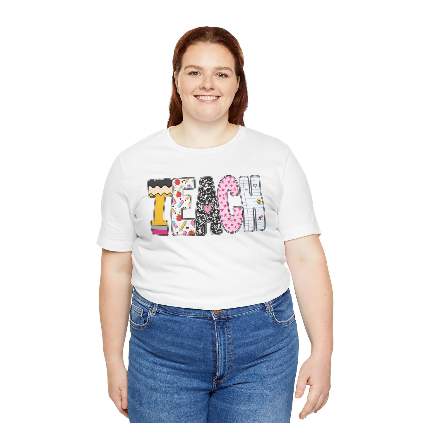 Teach Colorblock Graphic Tee – Cute Patterned Teacher T-Shirt