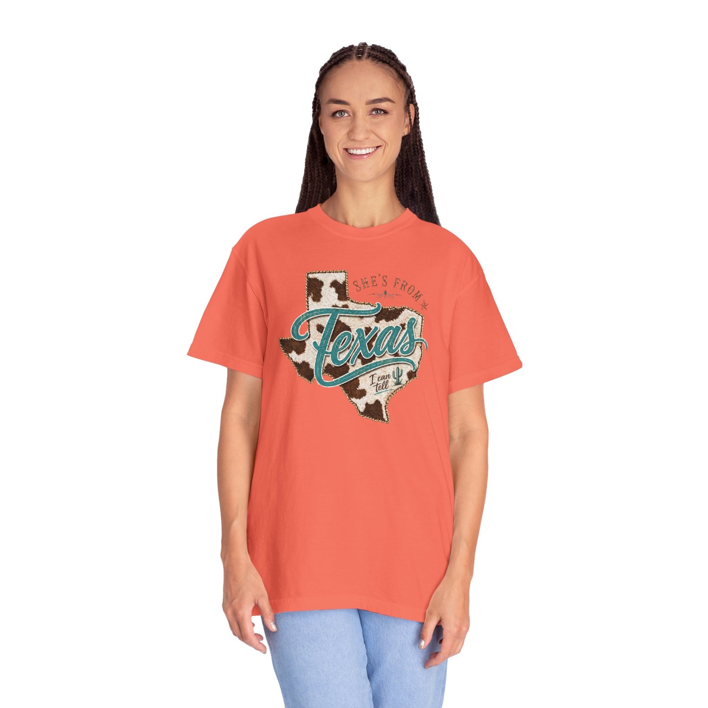 Texas Cowhide Graphic T-Shirt — "She's From Texas" Retro Western Tee