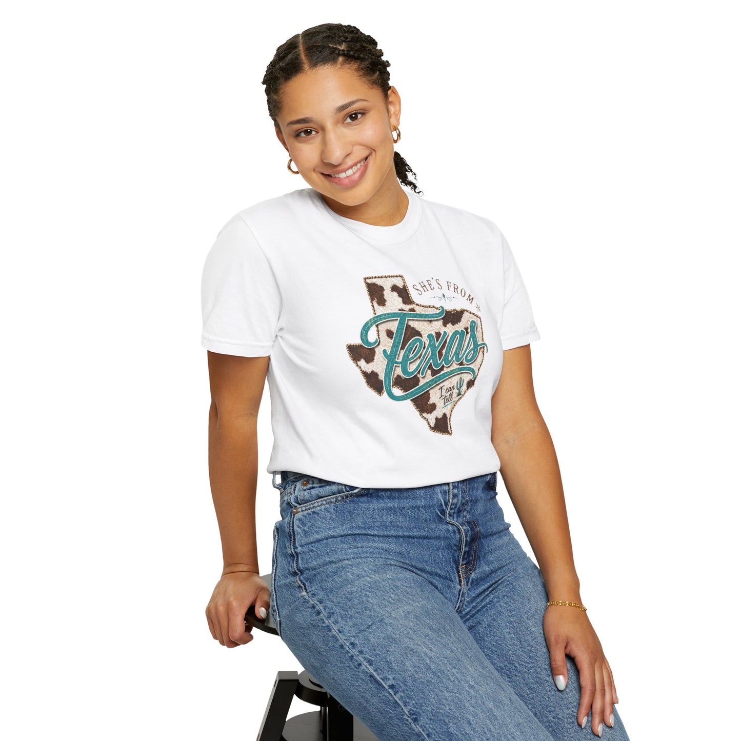 Texas Cowhide Graphic T-Shirt — "She's From Texas" Retro Western Tee