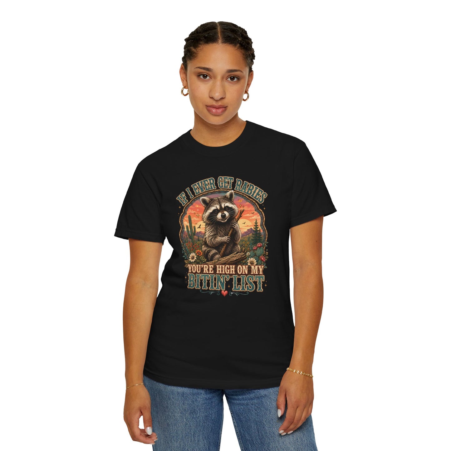 Raccoon Sunset T‑Shirt — “If I Ever Get Riches You’re High On My Bitin’ List” Funny Retro Graphic Tee
