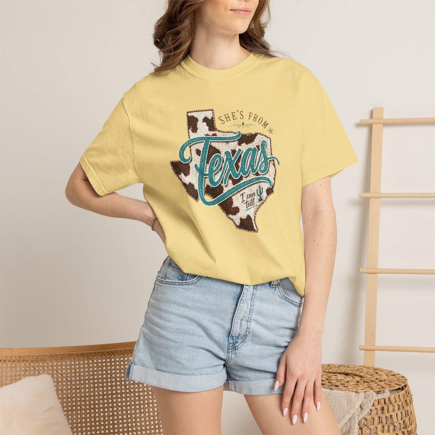 Texas Cowhide Graphic T-Shirt — "She's From Texas" Retro Western Tee