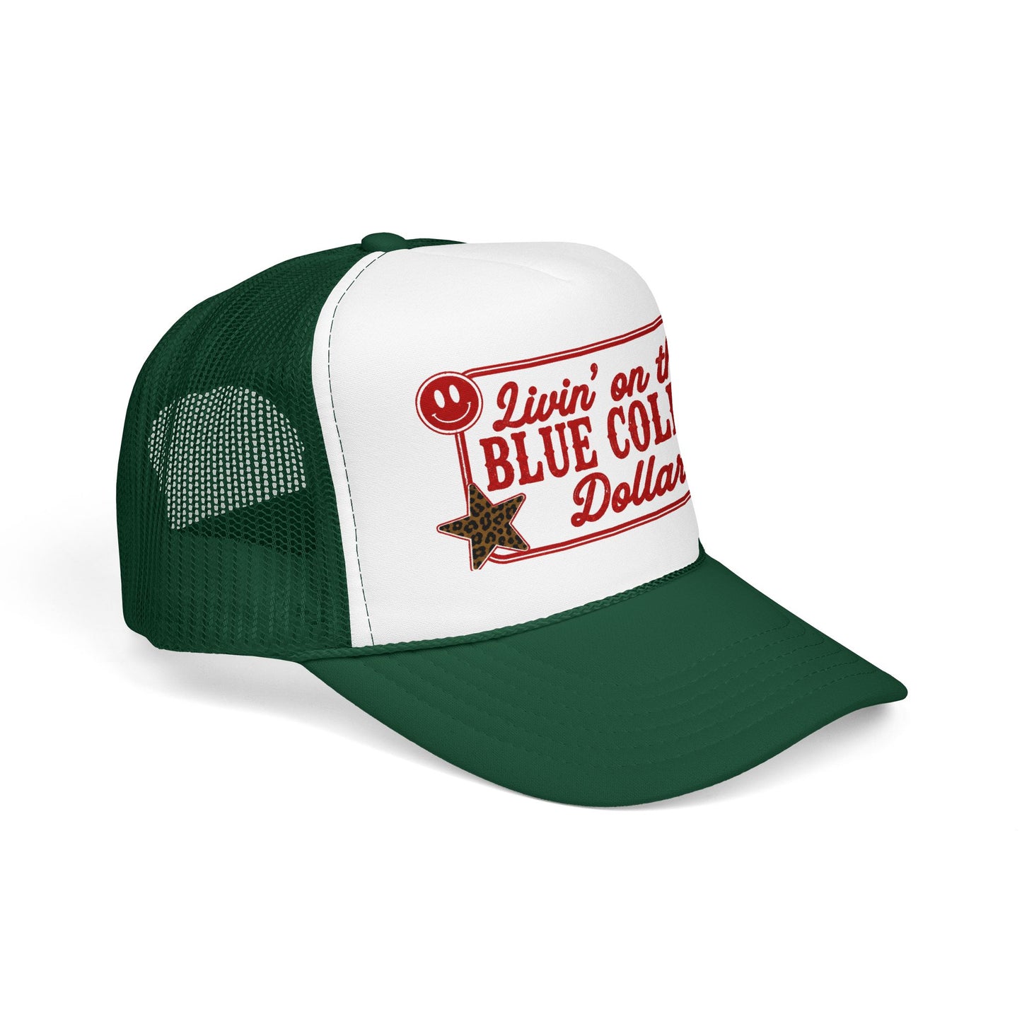 Livin' On That Blue Collar Dollar Foam Trucker Hat — Retro Workwear Cherry Patch