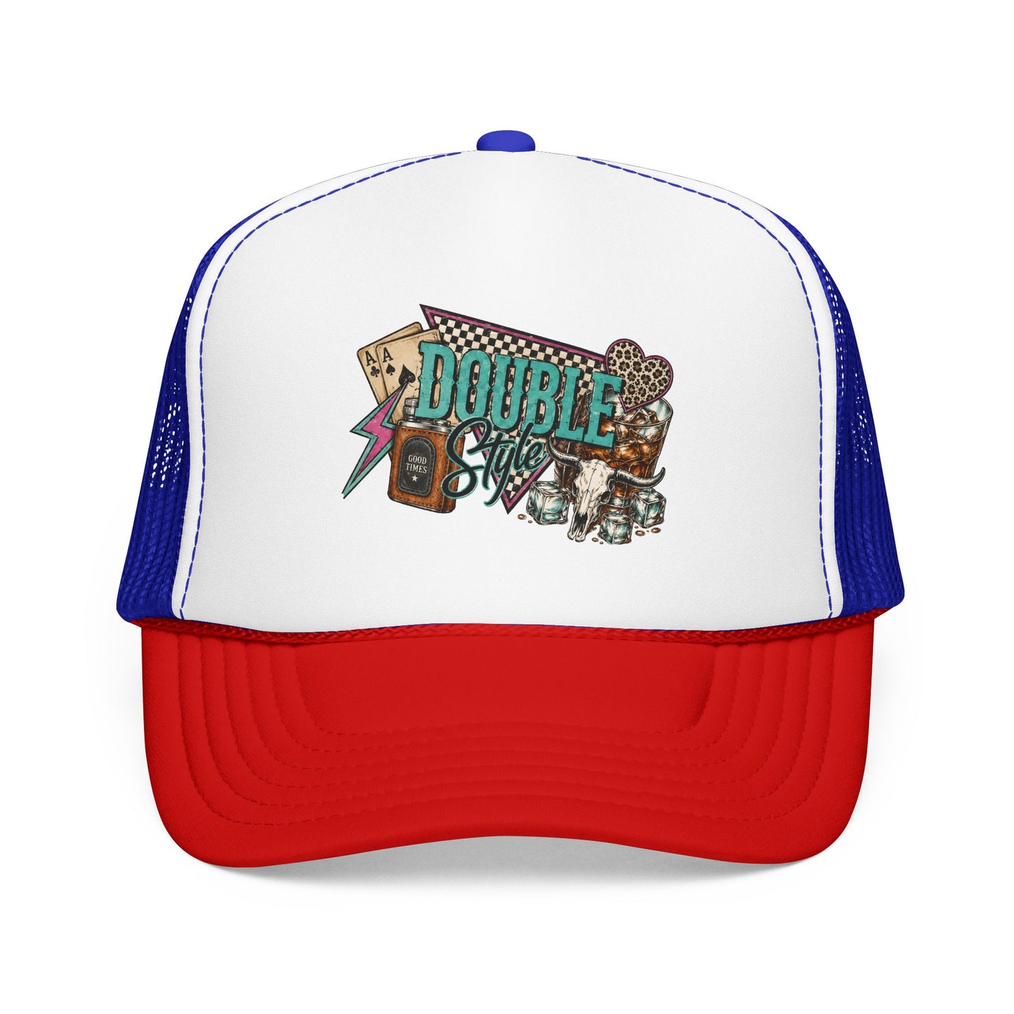 Double Shot Retro Foam Trucker Hat — Vintage Neon Coffee & Camera Patch