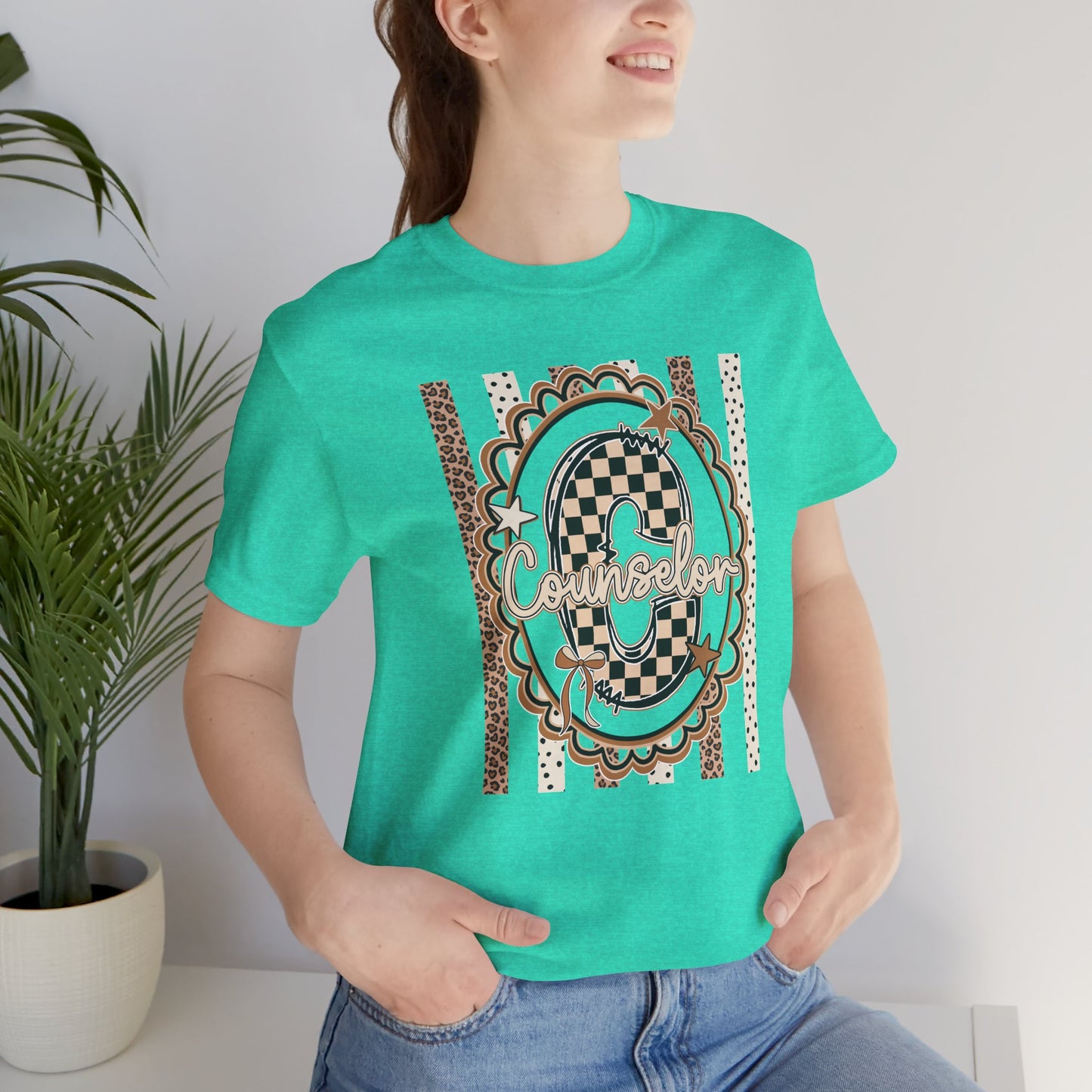 Counselor Tee — Retro Checkerboard & Leopard Print Graphic T-Shirt