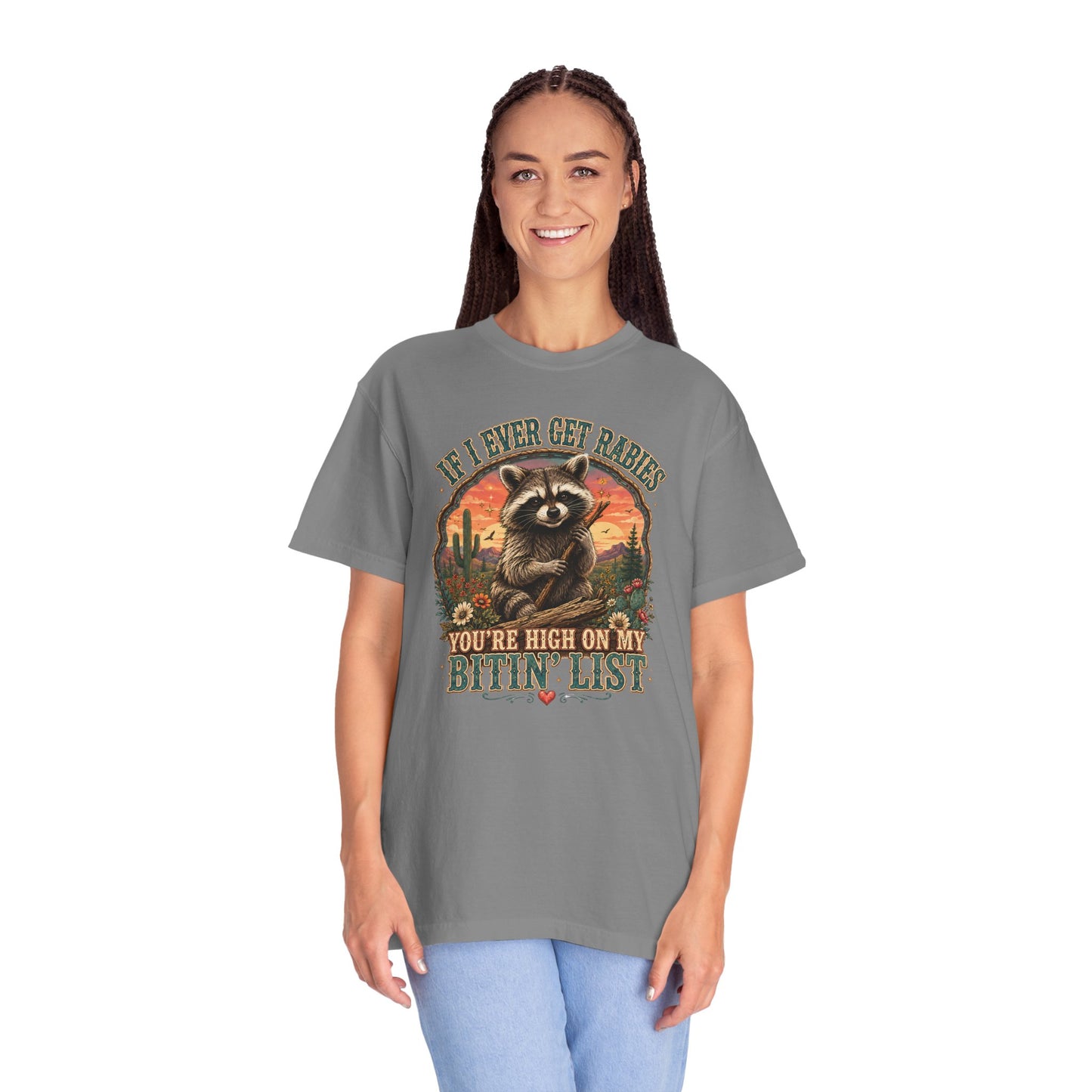 Raccoon Sunset T‑Shirt — “If I Ever Get Riches You’re High On My Bitin’ List” Funny Retro Graphic Tee