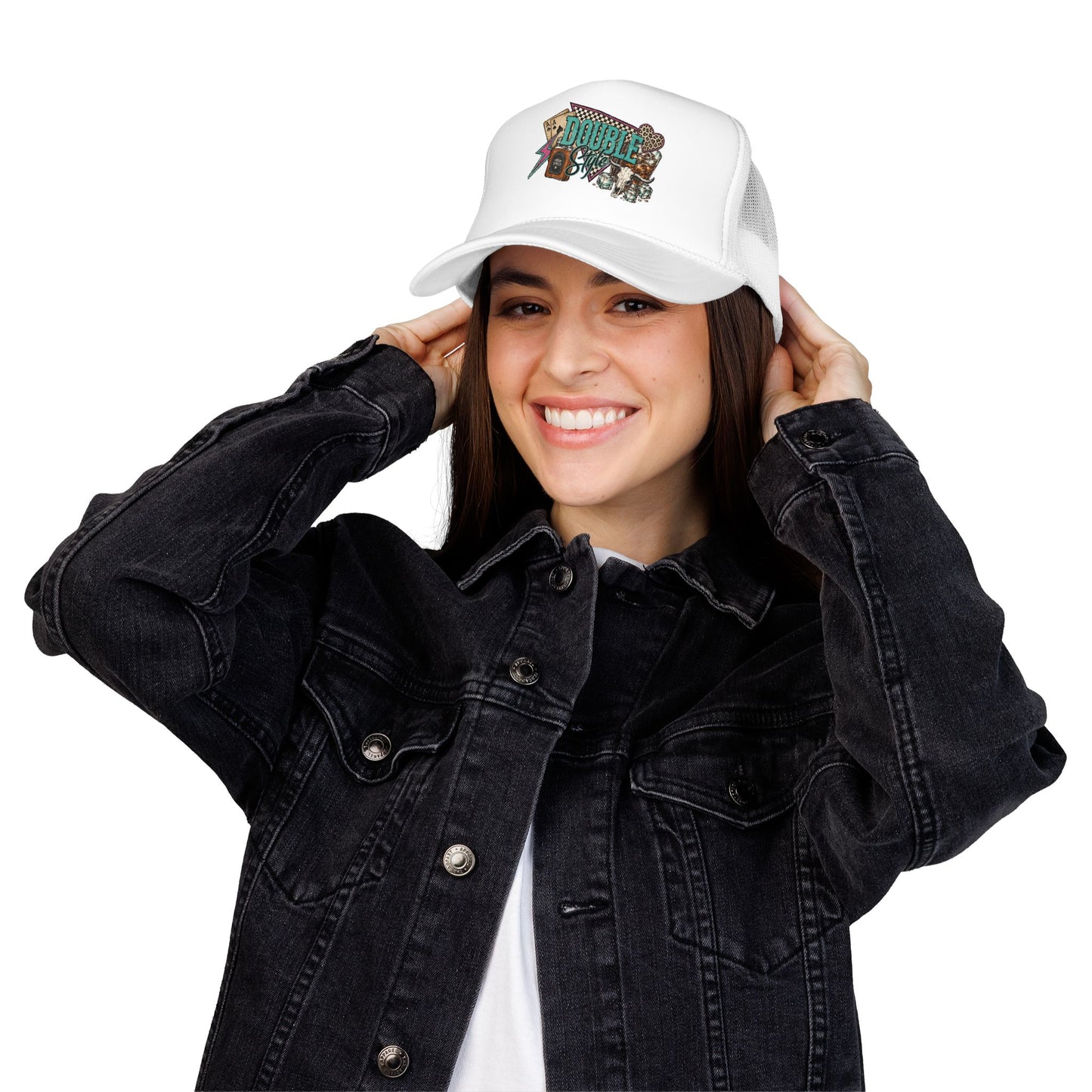 Double Shot Retro Foam Trucker Hat — Vintage Neon Coffee & Camera Patch