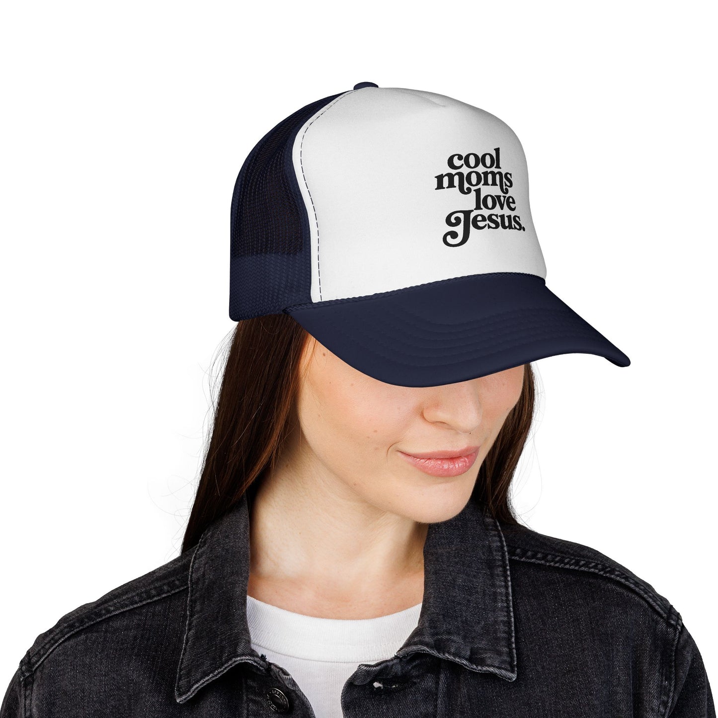 Trucker Cap — "Cool Moms Love Jesus" Retro Script Faith Hat