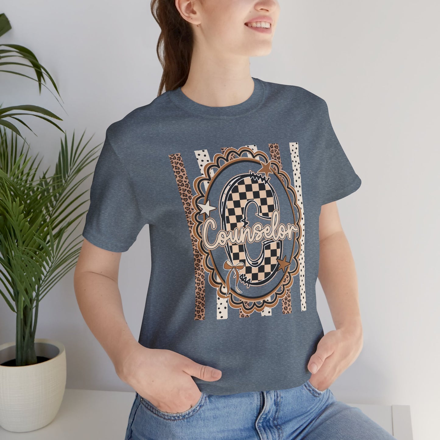 Counselor Tee — Retro Checkerboard & Leopard Print Graphic T-Shirt