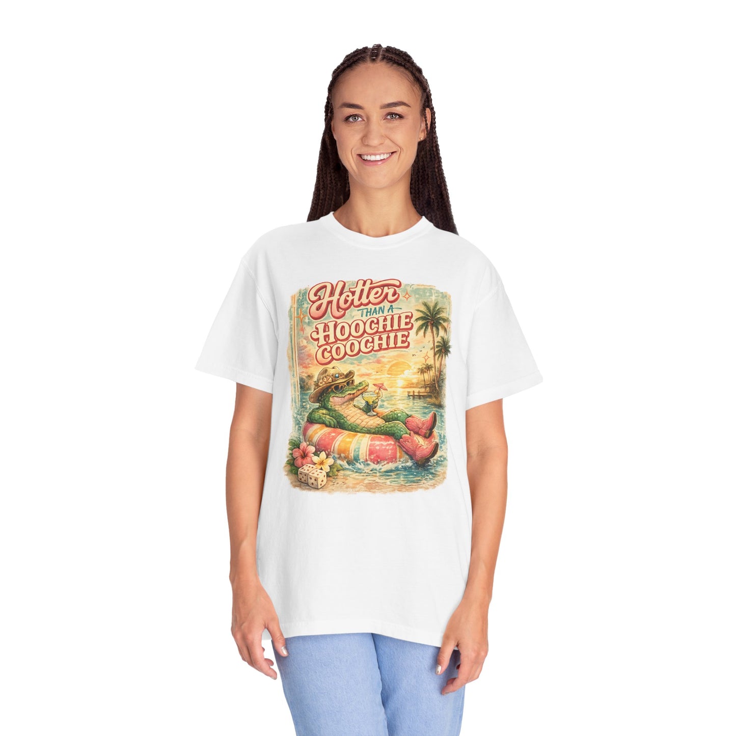 "Hotter Than a Hoochie Coochie" Retro Alligator Beach Graphic