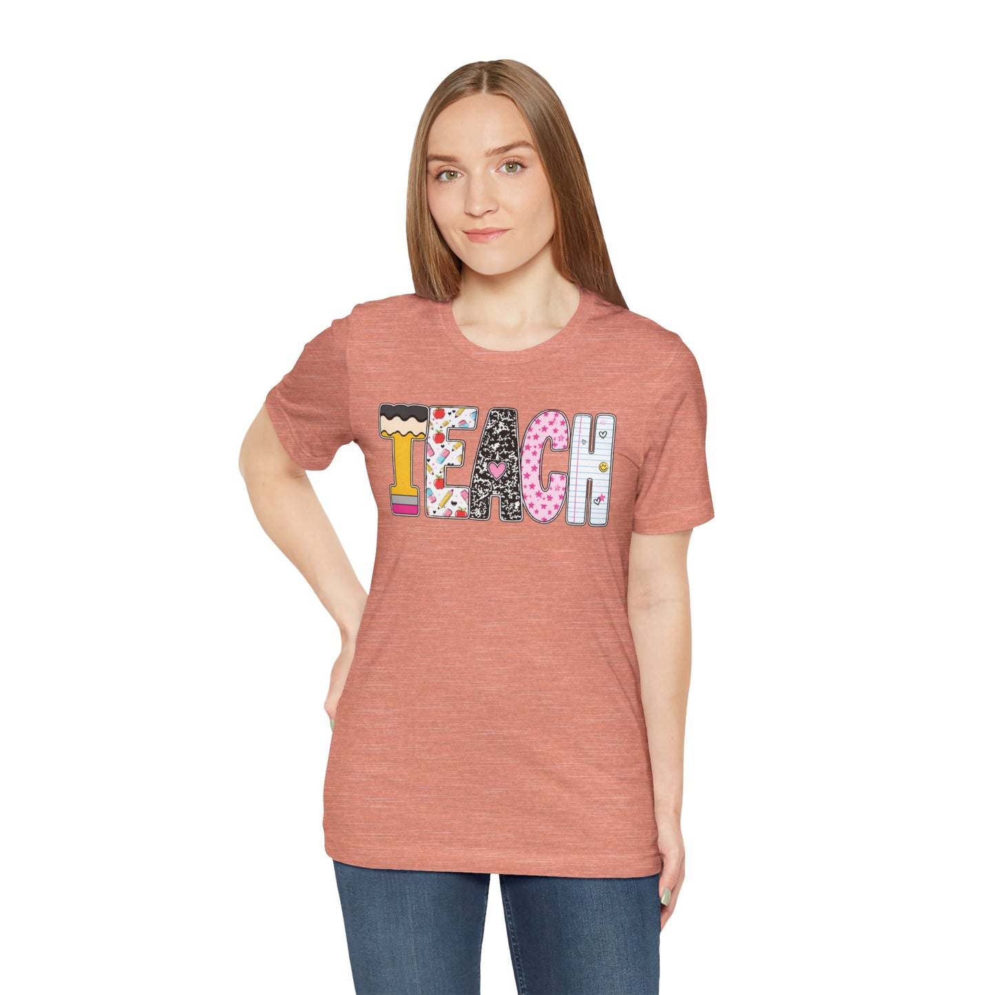 Teach Colorblock Graphic Tee – Cute Patterned Teacher T-Shirt