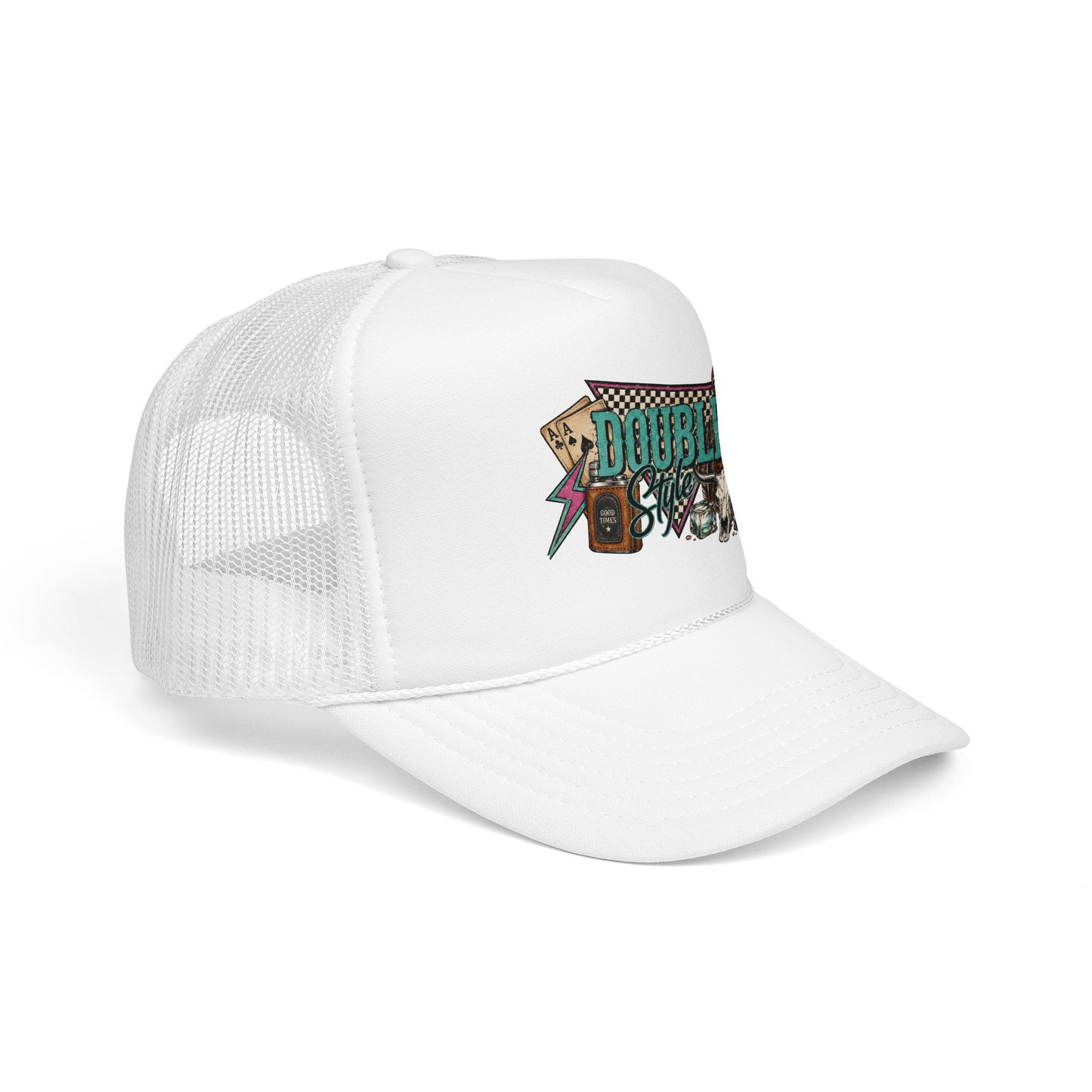 Double Shot Retro Foam Trucker Hat — Vintage Neon Coffee & Camera Patch