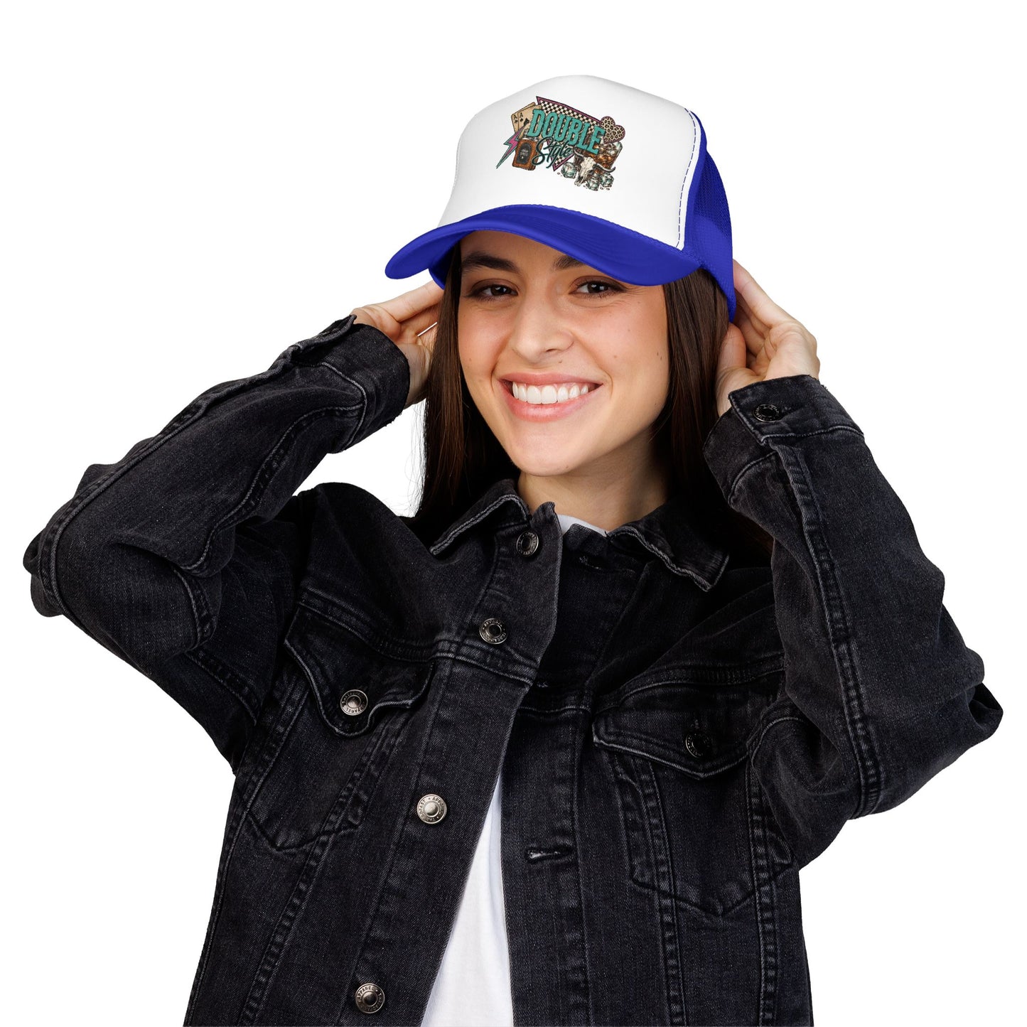 Double Shot Retro Foam Trucker Hat — Vintage Neon Coffee & Camera Patch