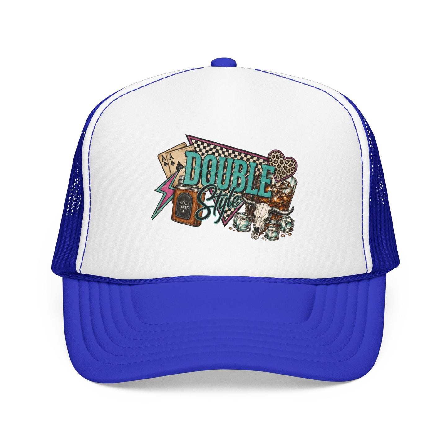 Double Shot Retro Foam Trucker Hat — Vintage Neon Coffee & Camera Patch