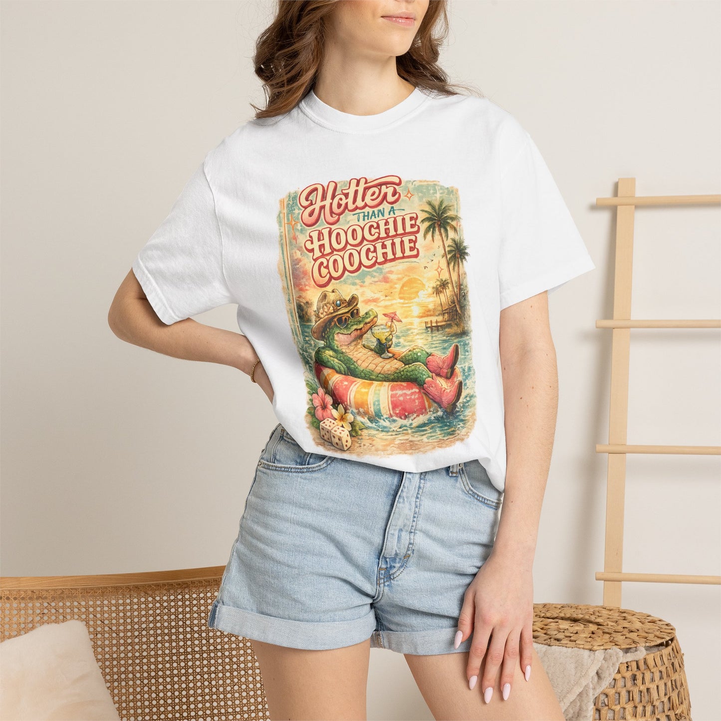 "Hotter Than a Hoochie Coochie" Retro Alligator Beach Graphic