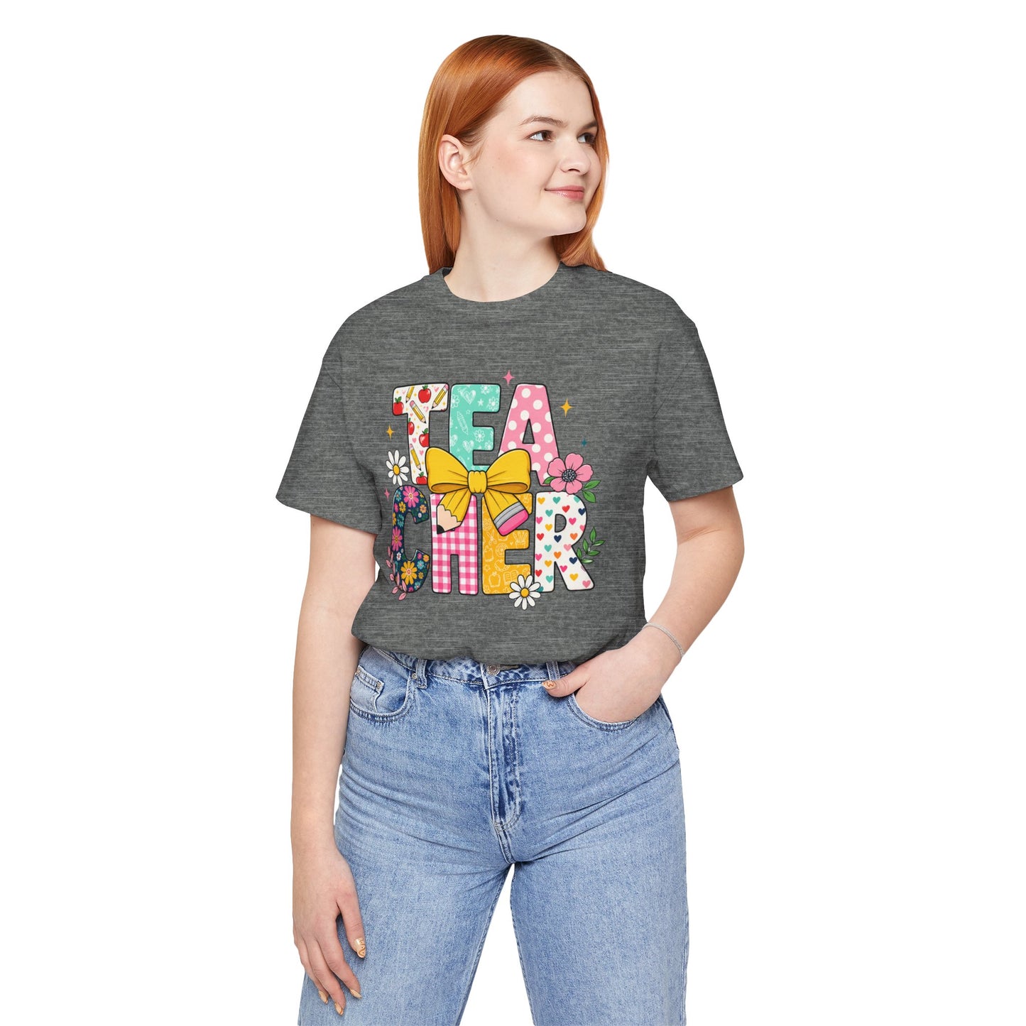 Teacher Floral Bow T-Shirt — Cute 'Teach er' Colorful School Shirt for Teachers