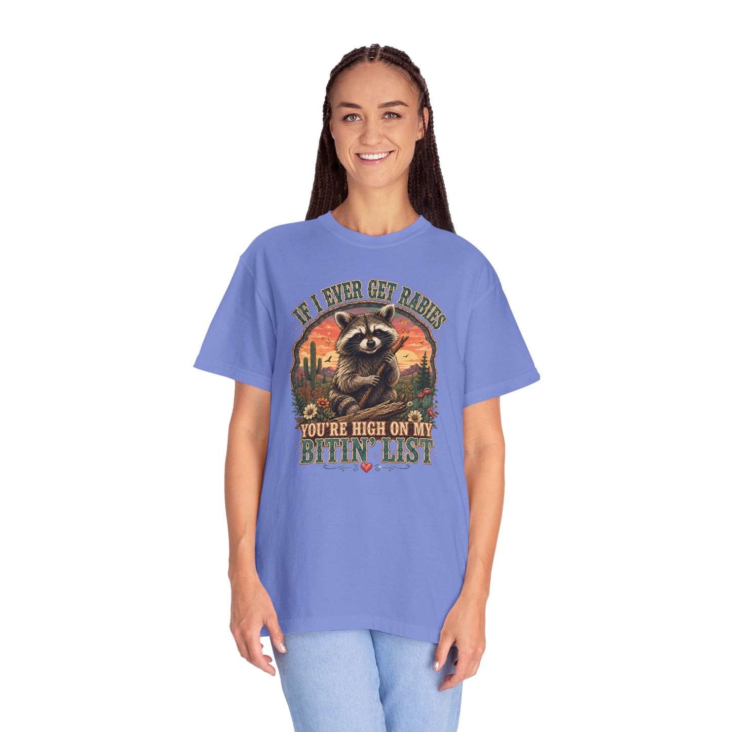 Raccoon Sunset T‑Shirt — “If I Ever Get Riches You’re High On My Bitin’ List” Funny Retro Graphic Tee