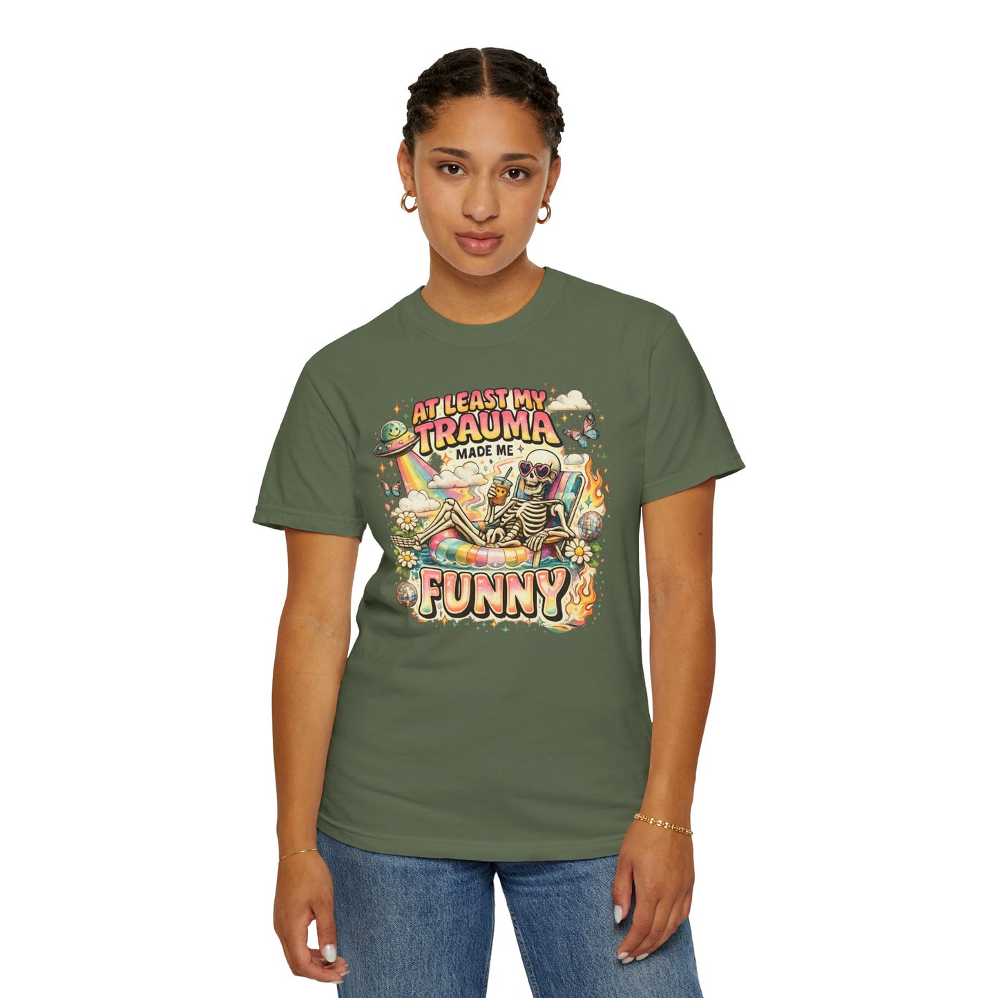 Funny Skeleton Graphic T-Shirt — "At Least My Trauma Made Me Funny"