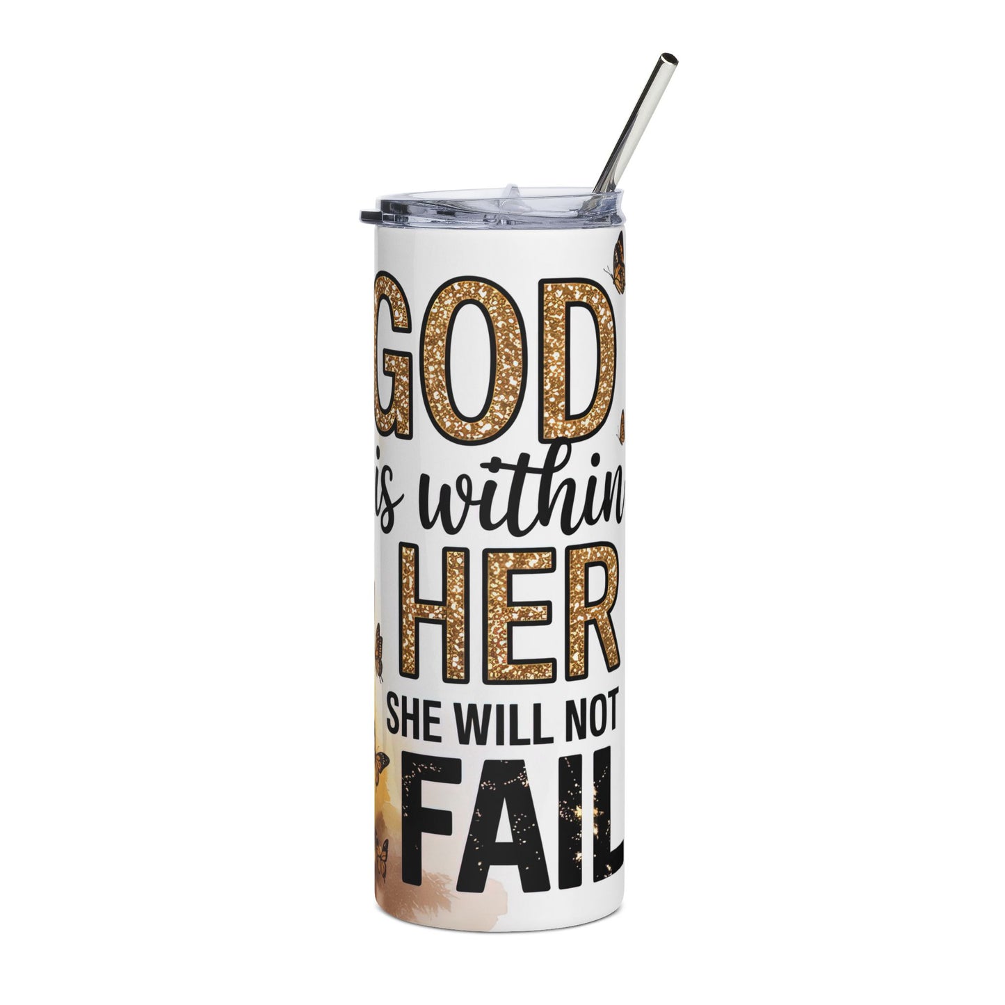 Prayerful Butterfly Stainless Steel Tumbler — "God is within her, she will not fall" 20oz
