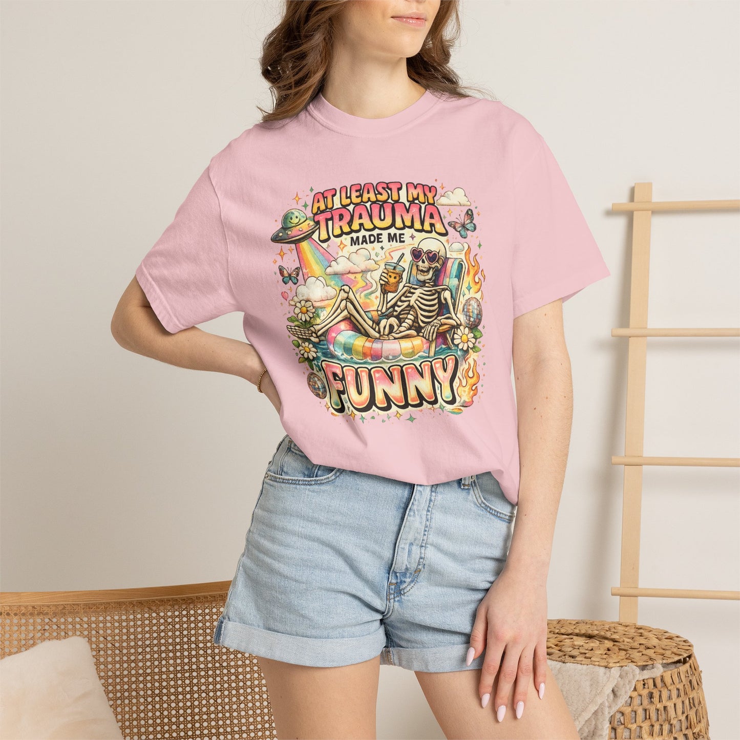 Funny Skeleton Graphic T-Shirt — "At Least My Trauma Made Me Funny"