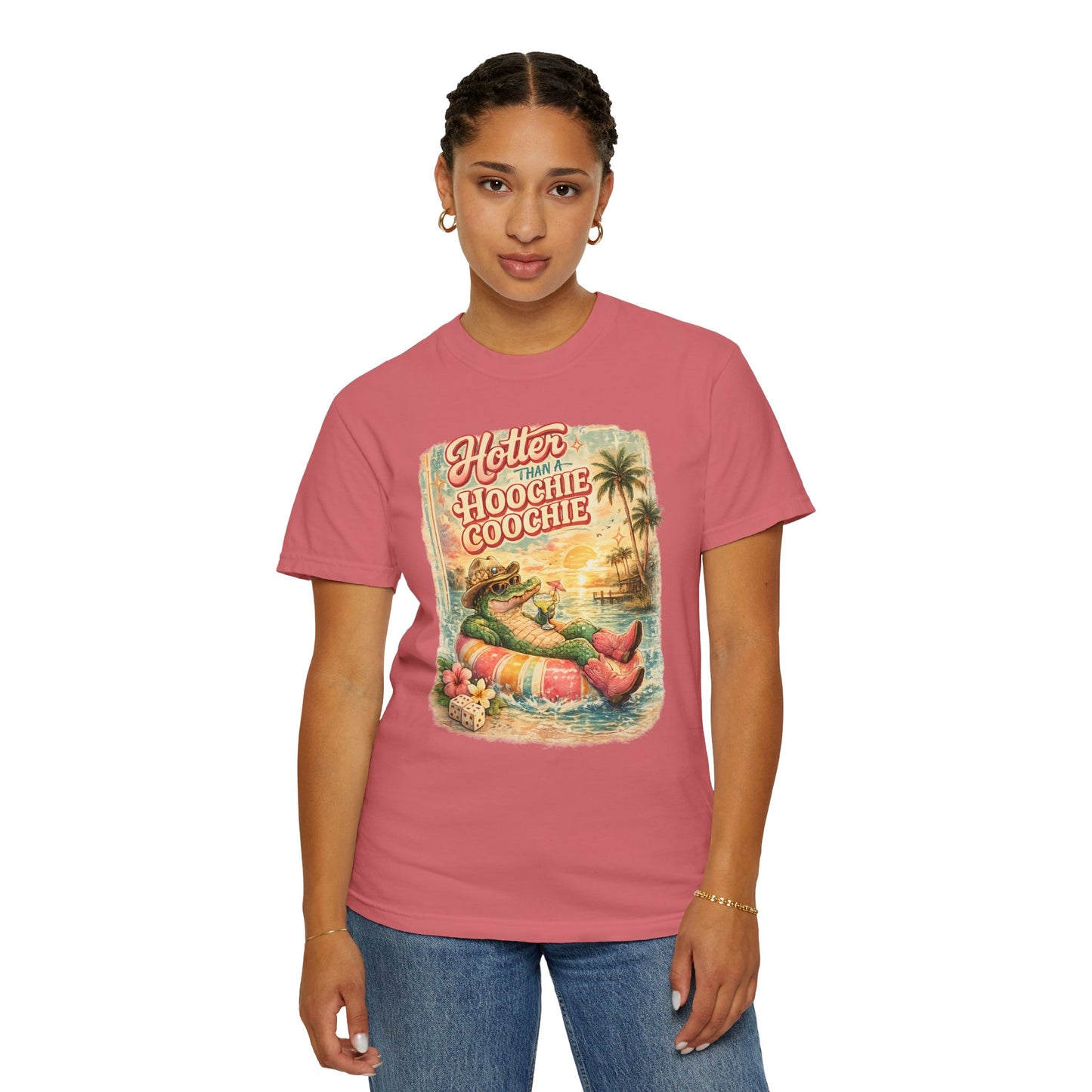 "Hotter Than a Hoochie Coochie" Retro Alligator Beach Graphic
