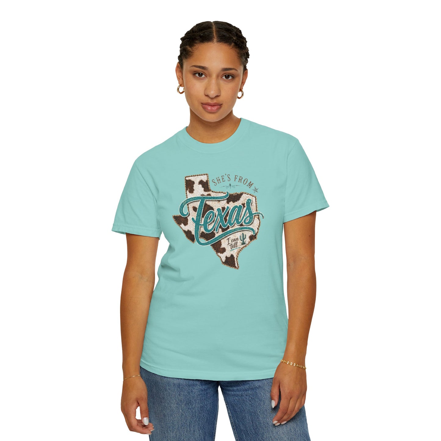 Texas Cowhide Graphic T-Shirt — "She's From Texas" Retro Western Tee
