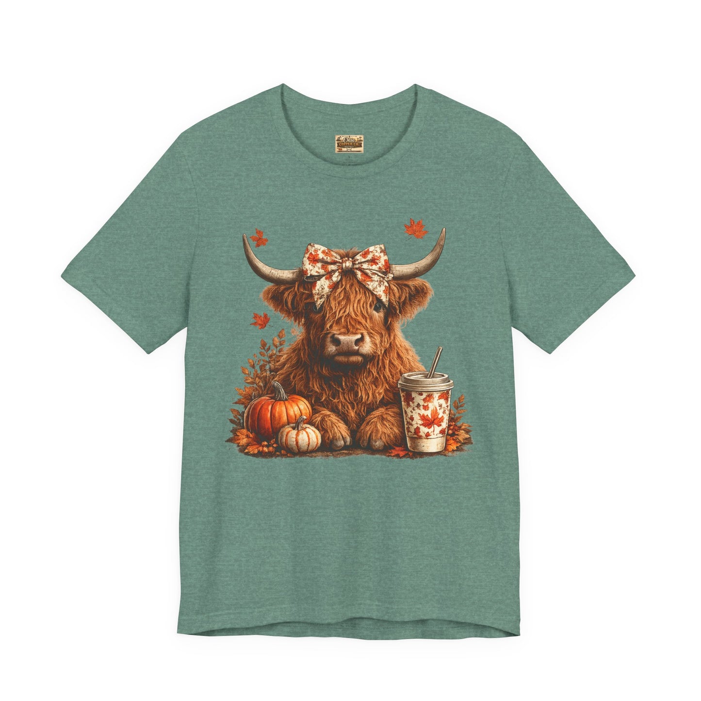 Autumn Highland Cow Tee — Fall Pumpkin Latte Graphic T-Shirt