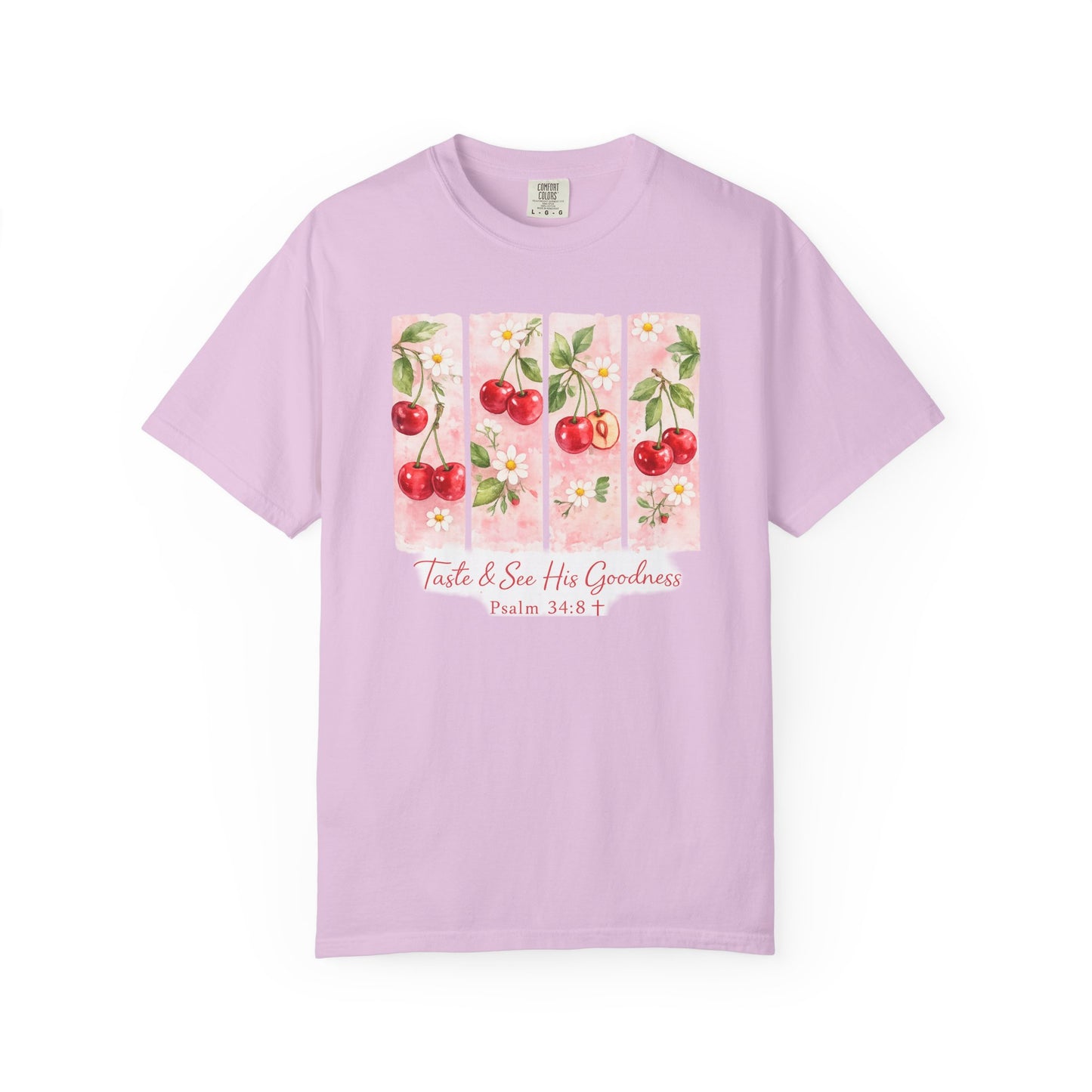 T-Shirt — "Taste & See His Goodness" Cherry Scripture Tee (Psalm 34:8)