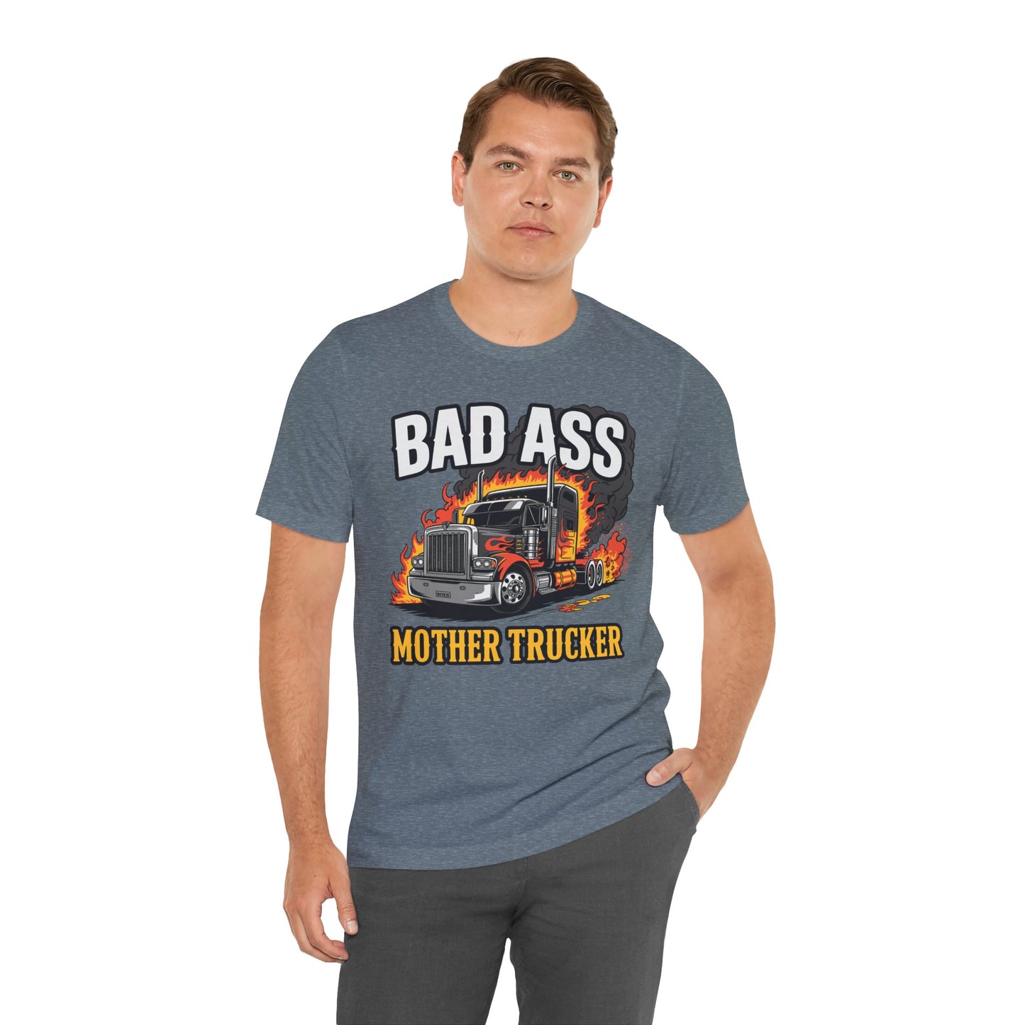 Bad Ass Mother Trucker Tee — Graphic Semi Truck Flames Shirt