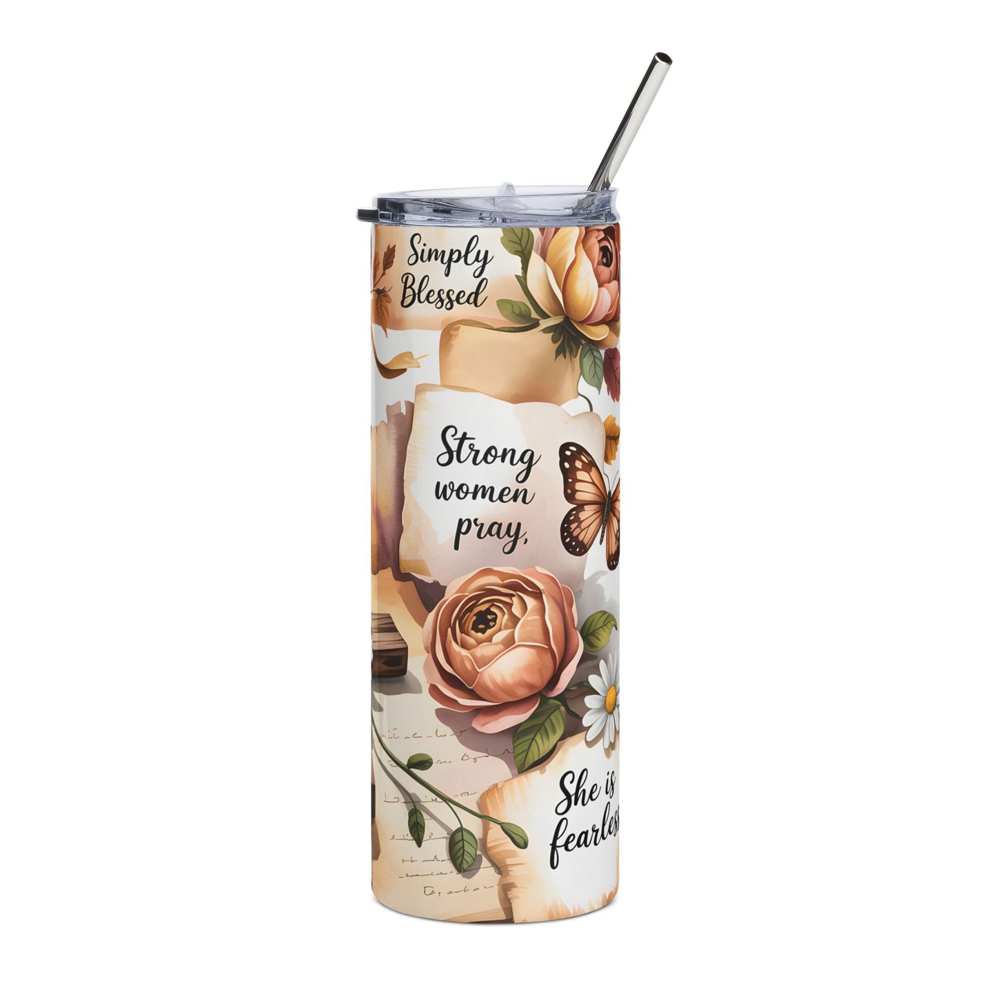 20oz Stainless Steel Tumbler – Floral Cross Christian Scripture "God is good all the time"