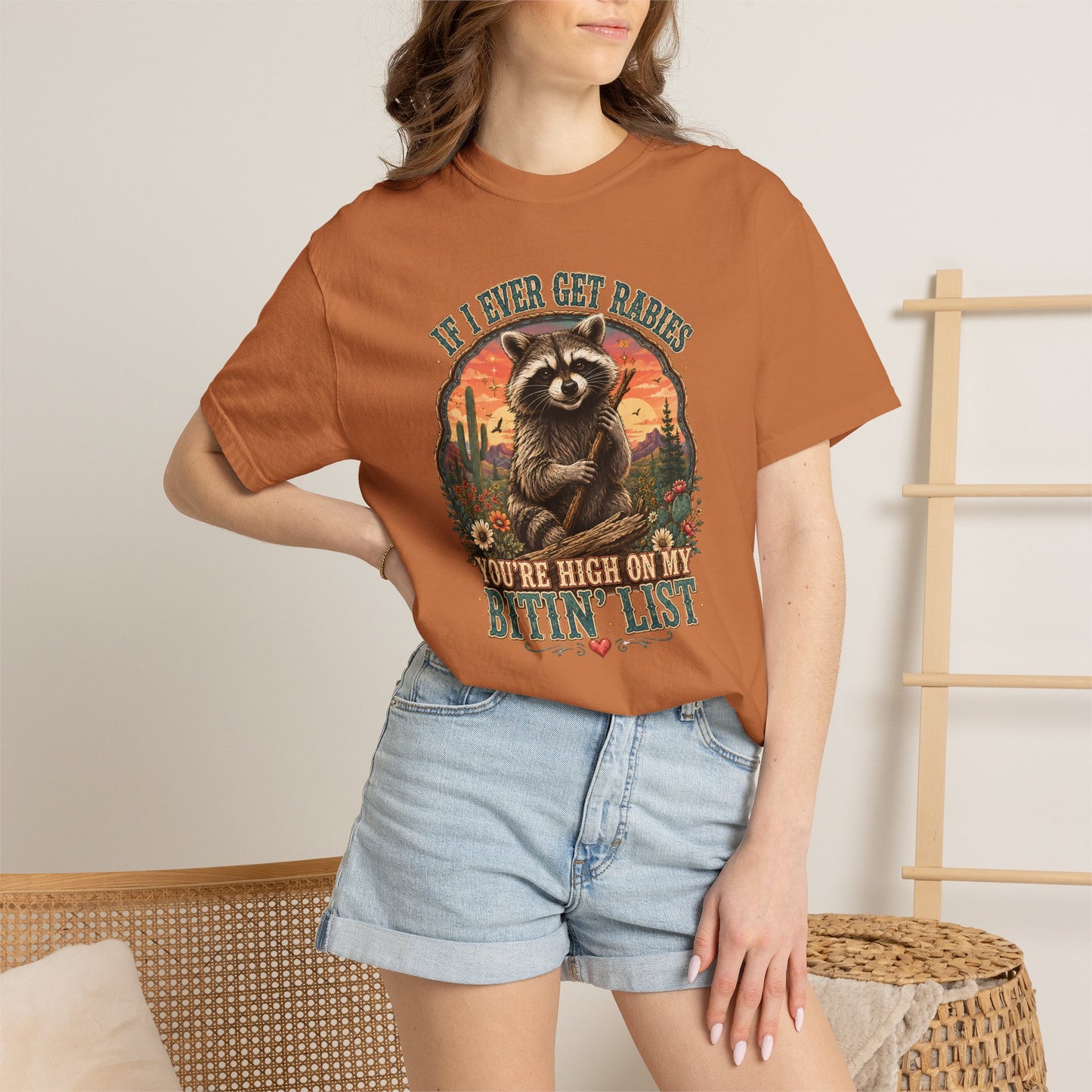 Raccoon Sunset T‑Shirt — “If I Ever Get Riches You’re High On My Bitin’ List” Funny Retro Graphic Tee