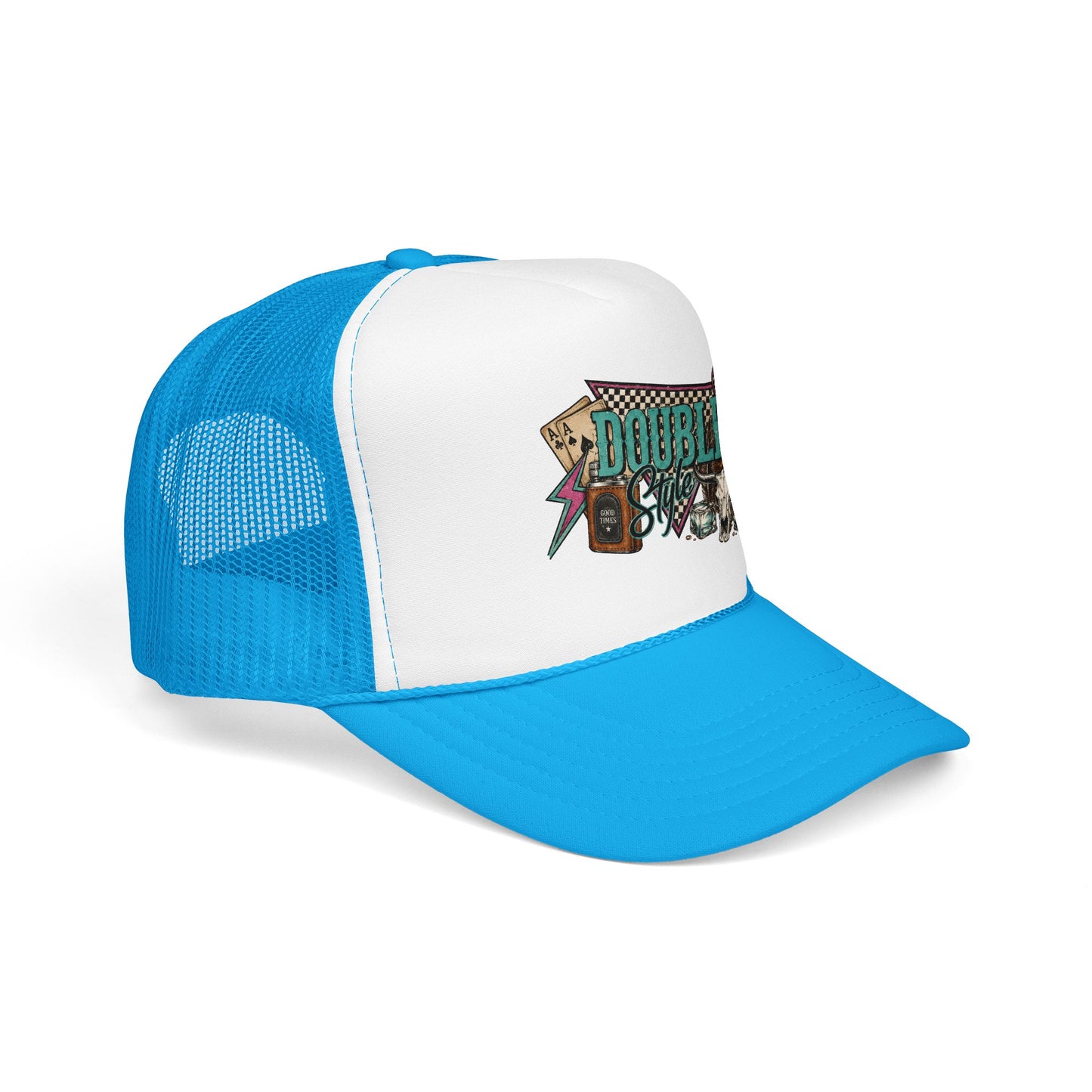 Double Shot Retro Foam Trucker Hat — Vintage Neon Coffee & Camera Patch