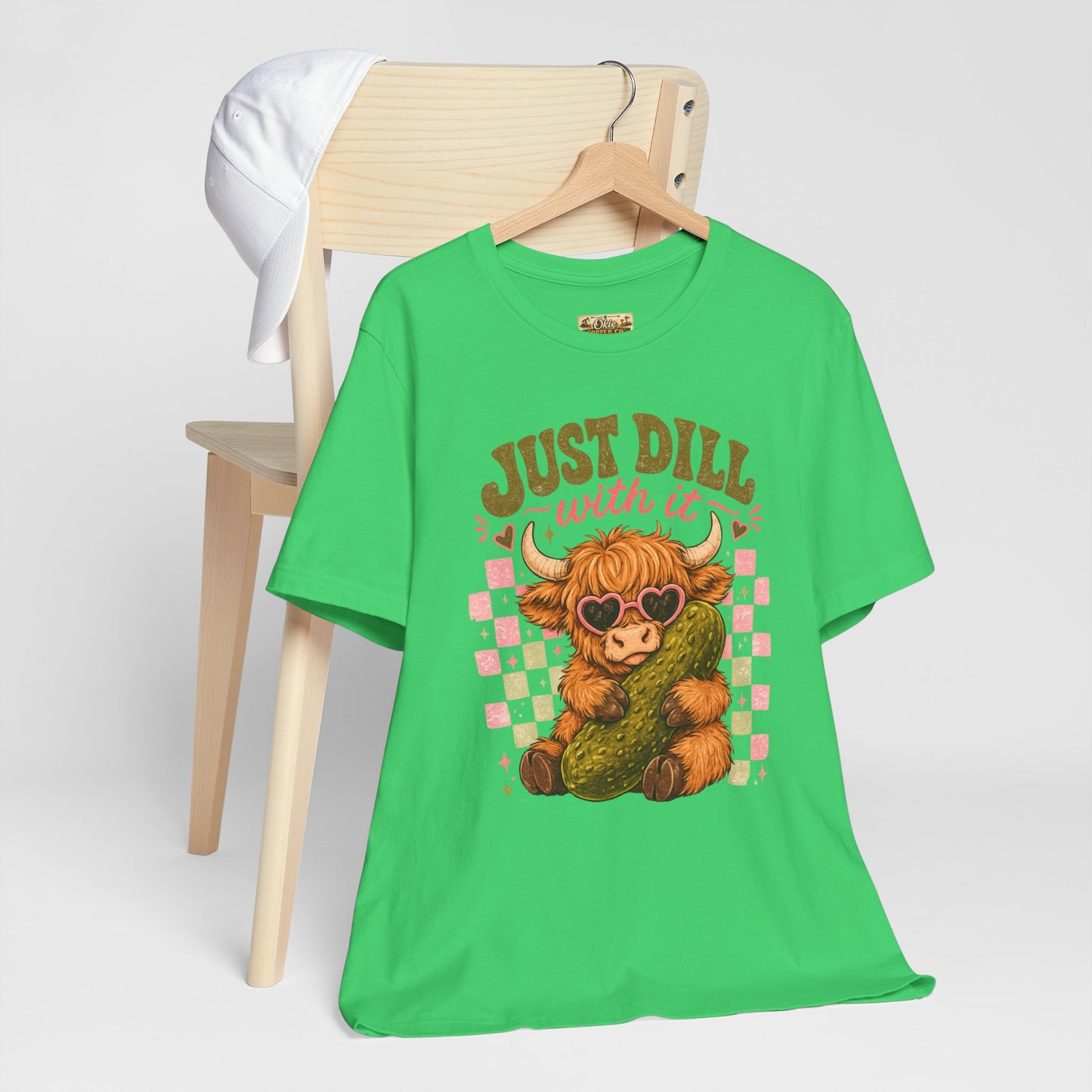 Just Dill With It Tee — Cute Highland Cow Hugging Pickle Graphic T‑Shirt