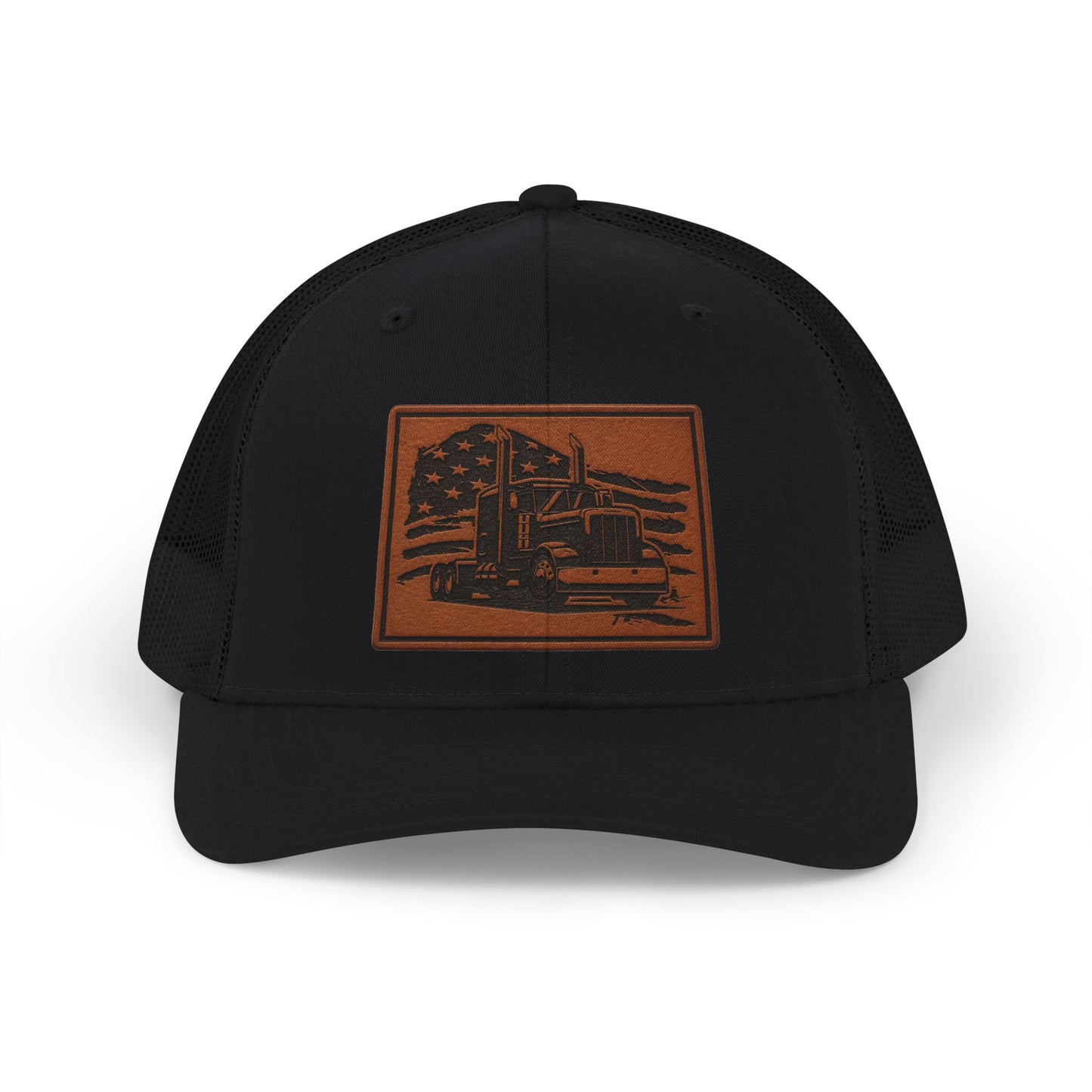 American Flag Semi Truck Leather Patch Snapback Trucker Cap