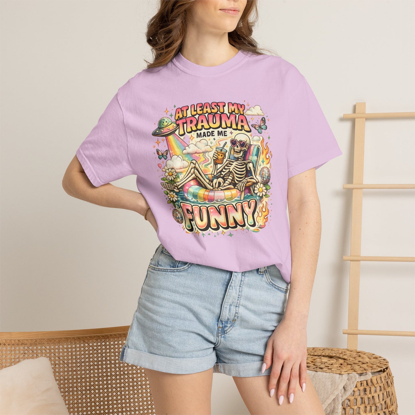 Funny Skeleton Graphic T-Shirt — "At Least My Trauma Made Me Funny"