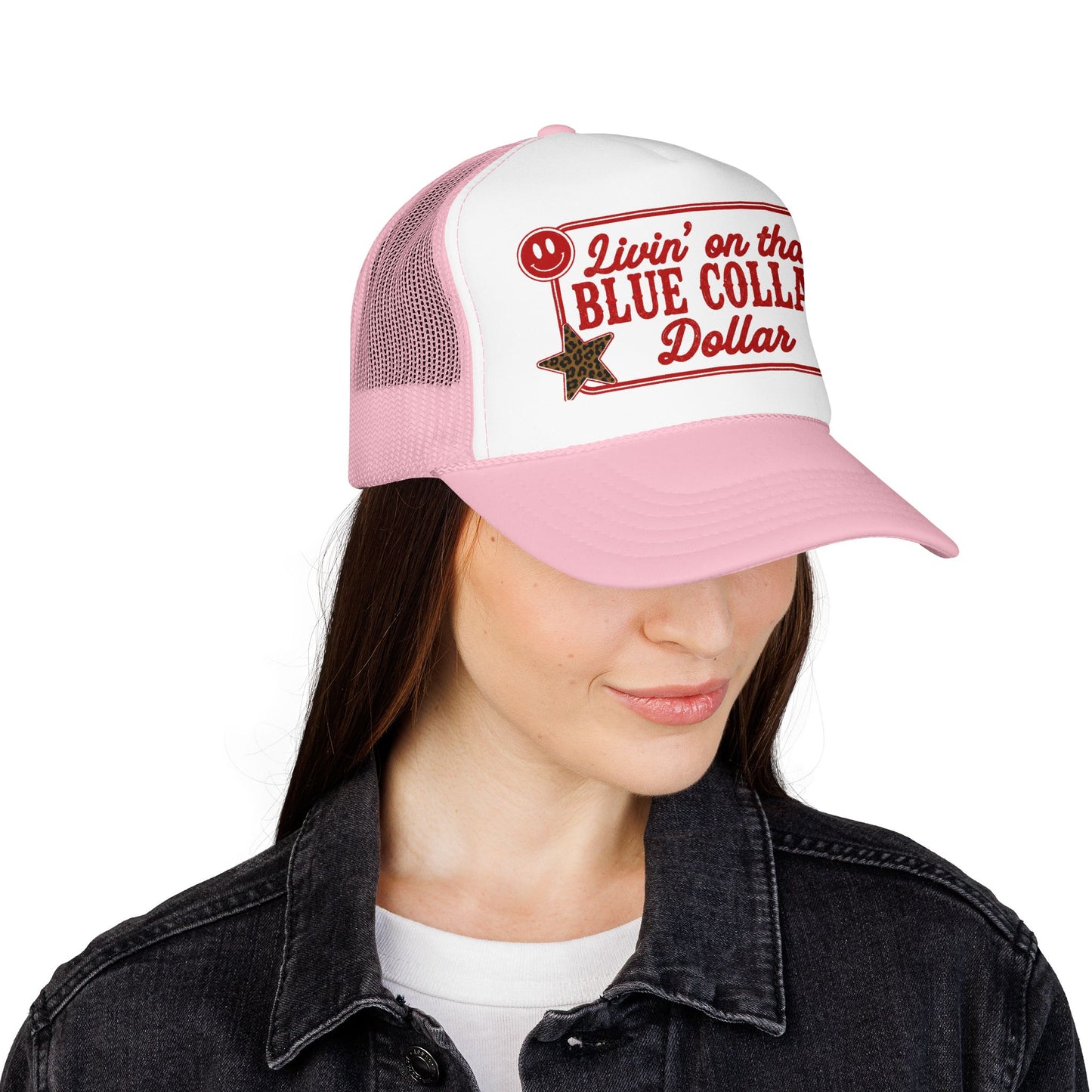 Livin' On That Blue Collar Dollar Foam Trucker Hat — Retro Workwear Cherry Patch