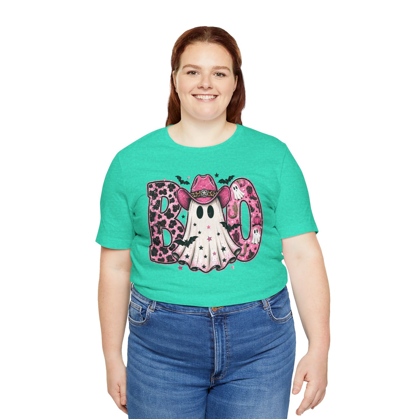 Boo Pink Leopard Ghost Tee — Cute Cowgirl Halloween T-Shirt