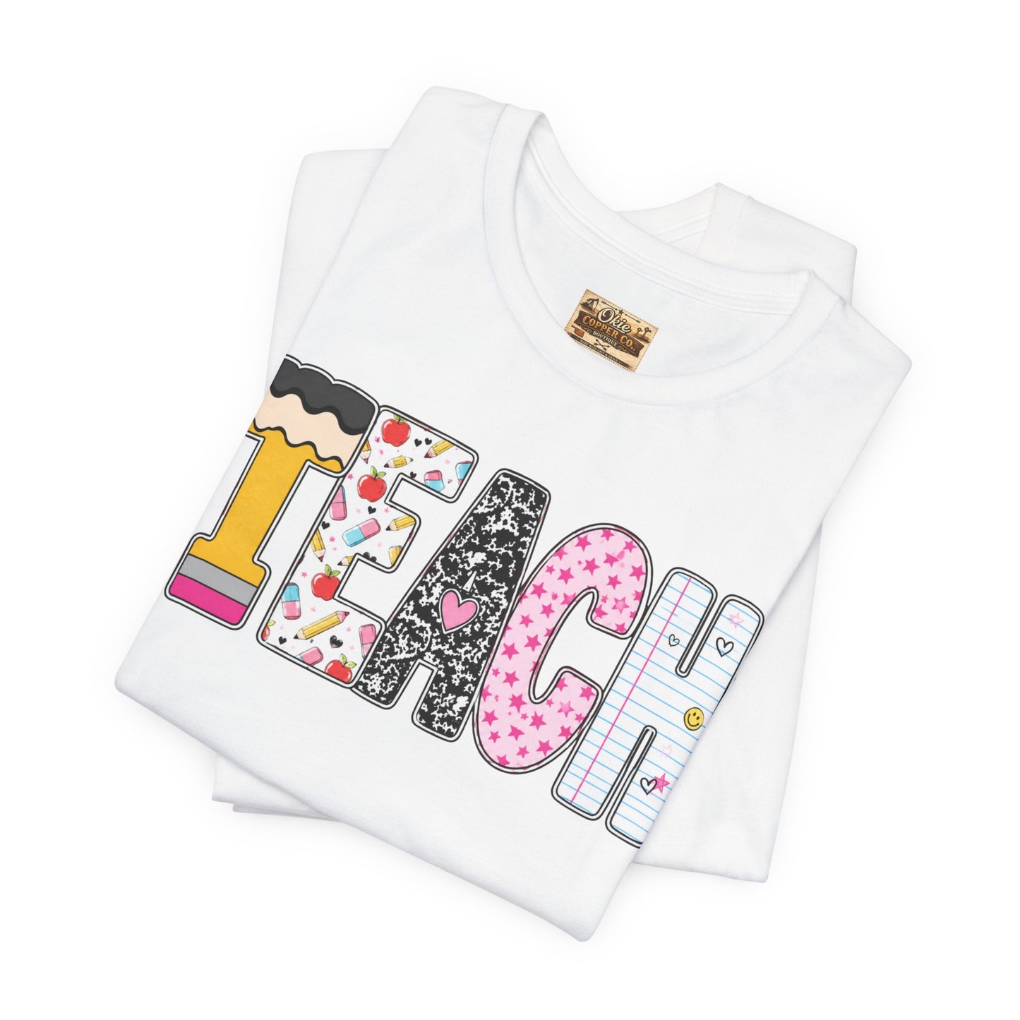 Teach Colorblock Graphic Tee – Cute Patterned Teacher T-Shirt